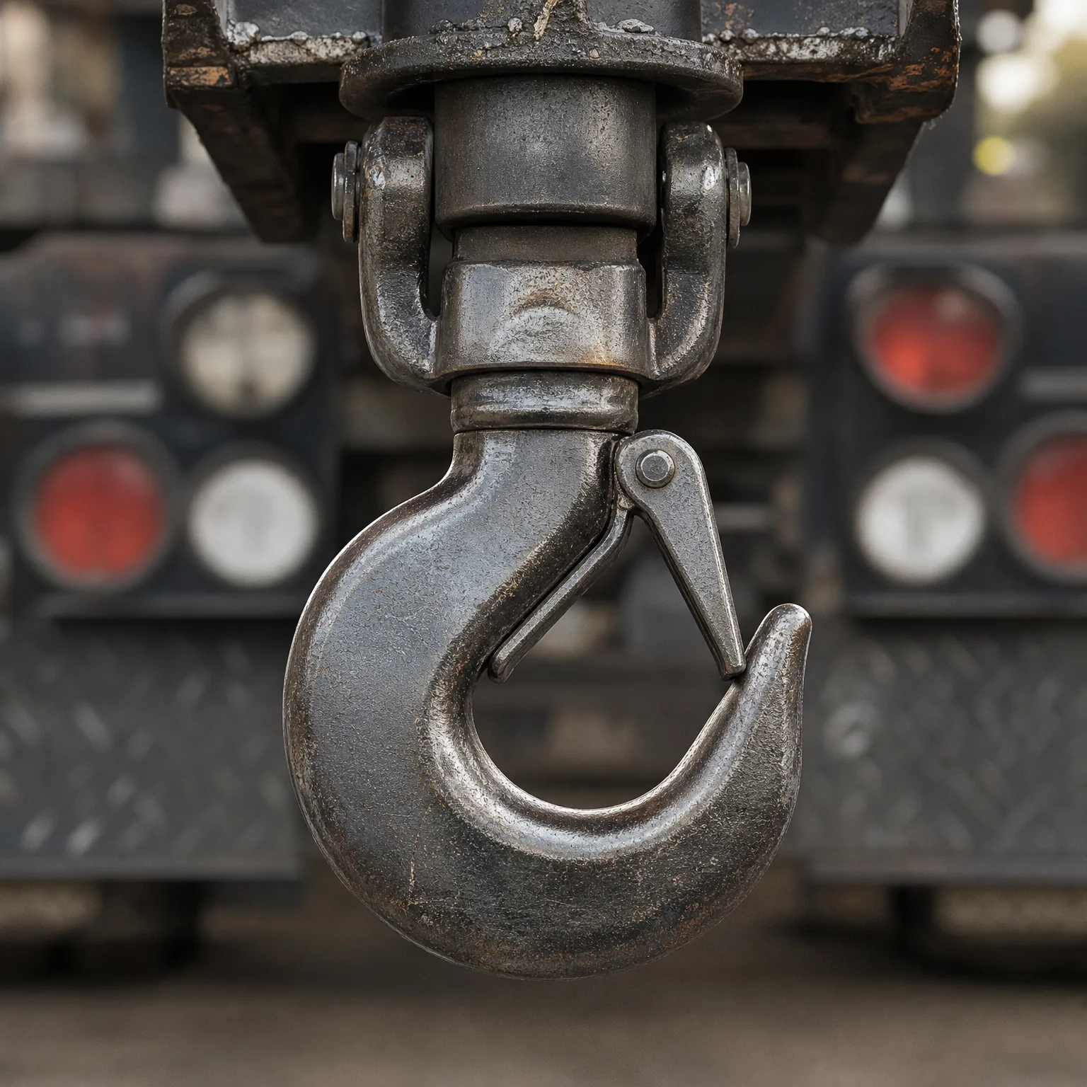 Close-up of a steel crane hook with safety latch hanging from a swivel block, with a blurred truck rear end and red tail lights behind.