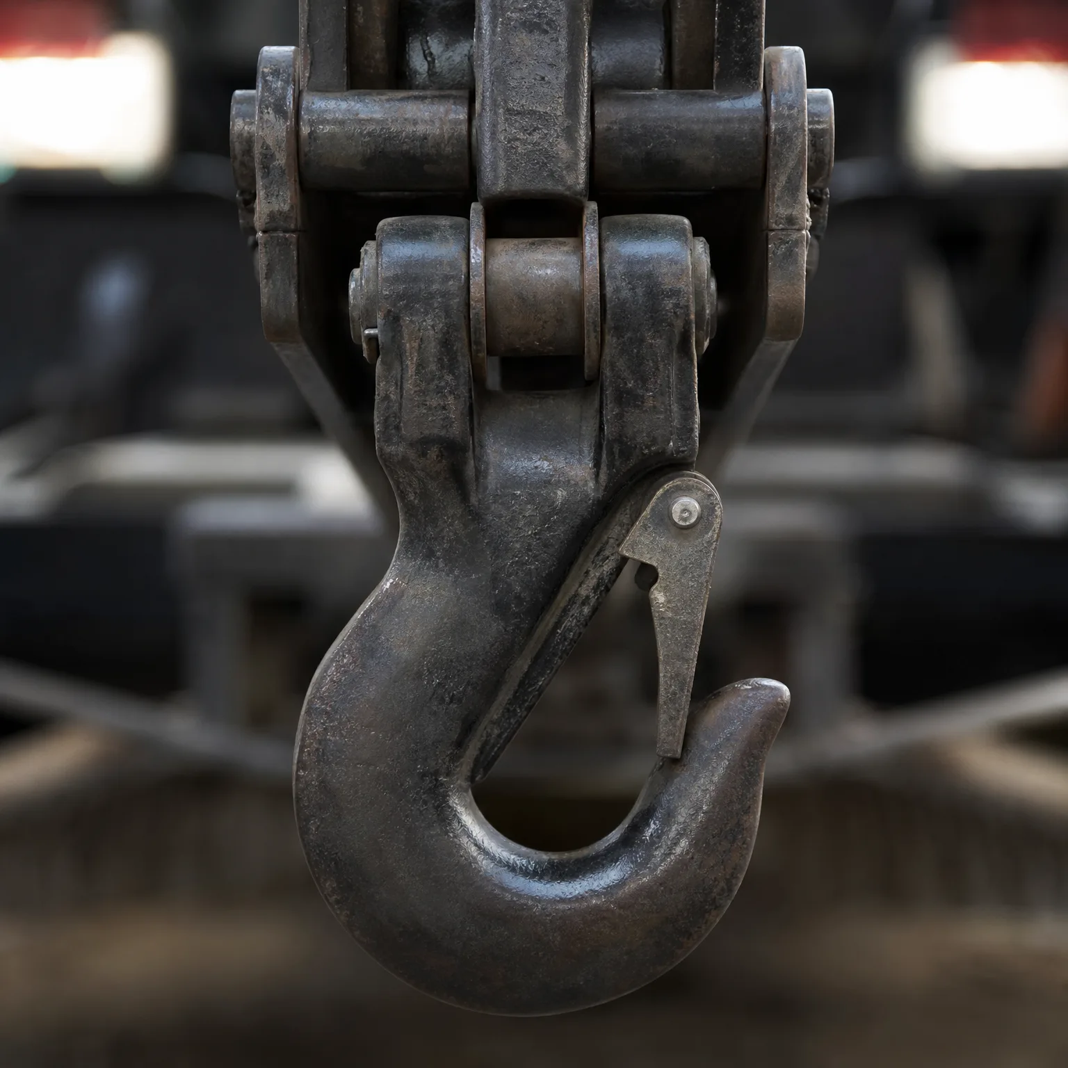 Close-up of a worn steel lifting hook with a safety latch, suspended from a pinned linkage, against a blurred industrial background.