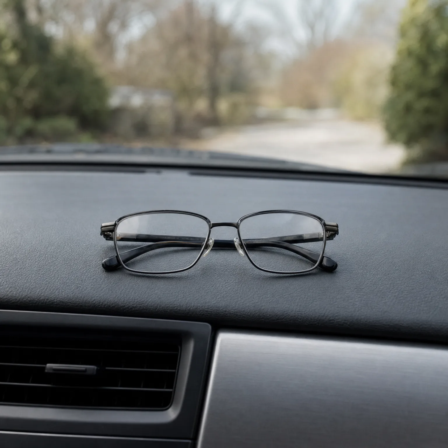 A pair of dark metal-framed eyeglasses lies folded on a black car dashboard, with a blurred road and bare trees visible through the windshield.