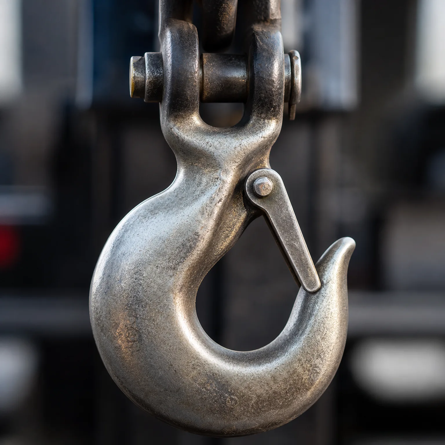 Close-up of a worn metal lifting hook with a safety latch, attached to a clevis and chain link, against a blurred dark background.