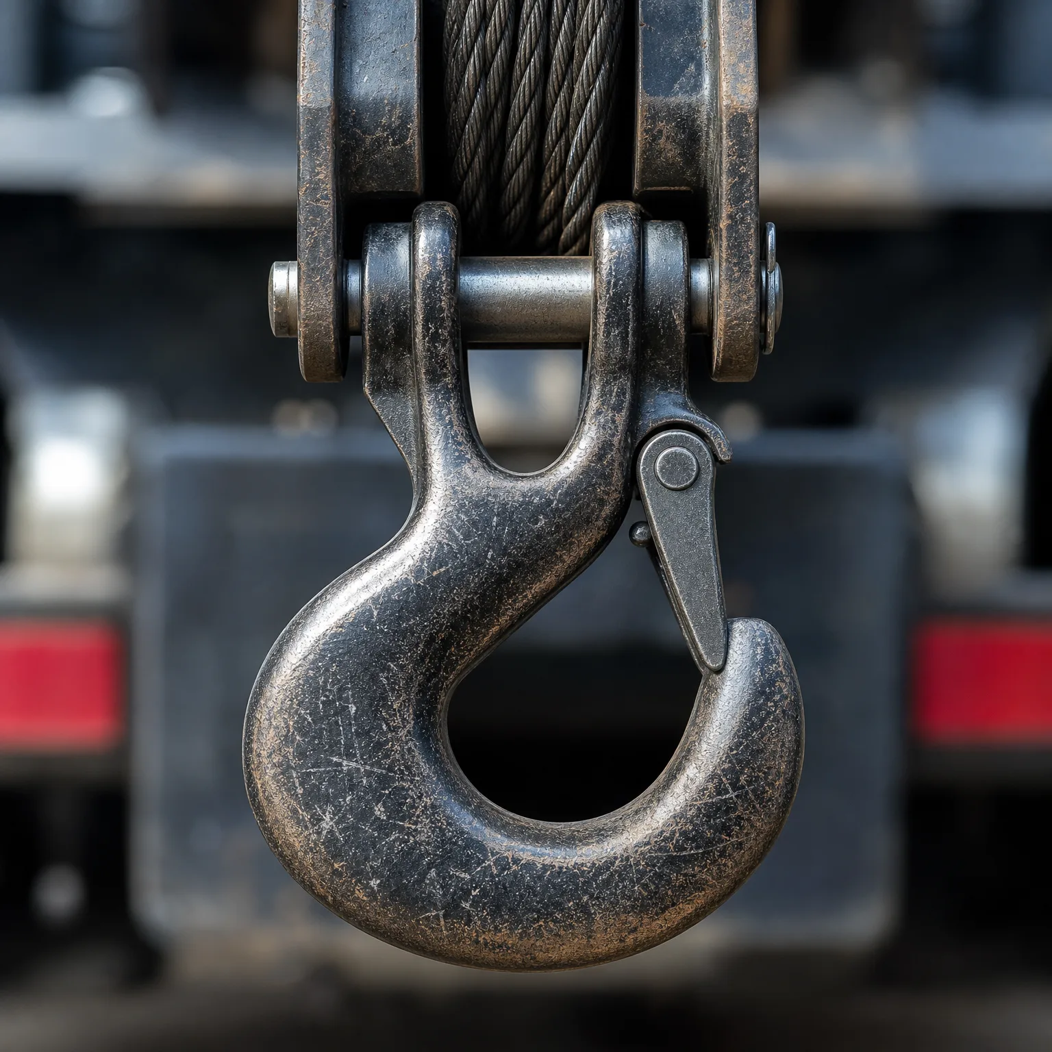 Close-up of a worn steel lifting hook with a safety latch, attached by a clevis pin to a pulley block with steel wire rope, against a blurred vehicle background with red reflective markings.