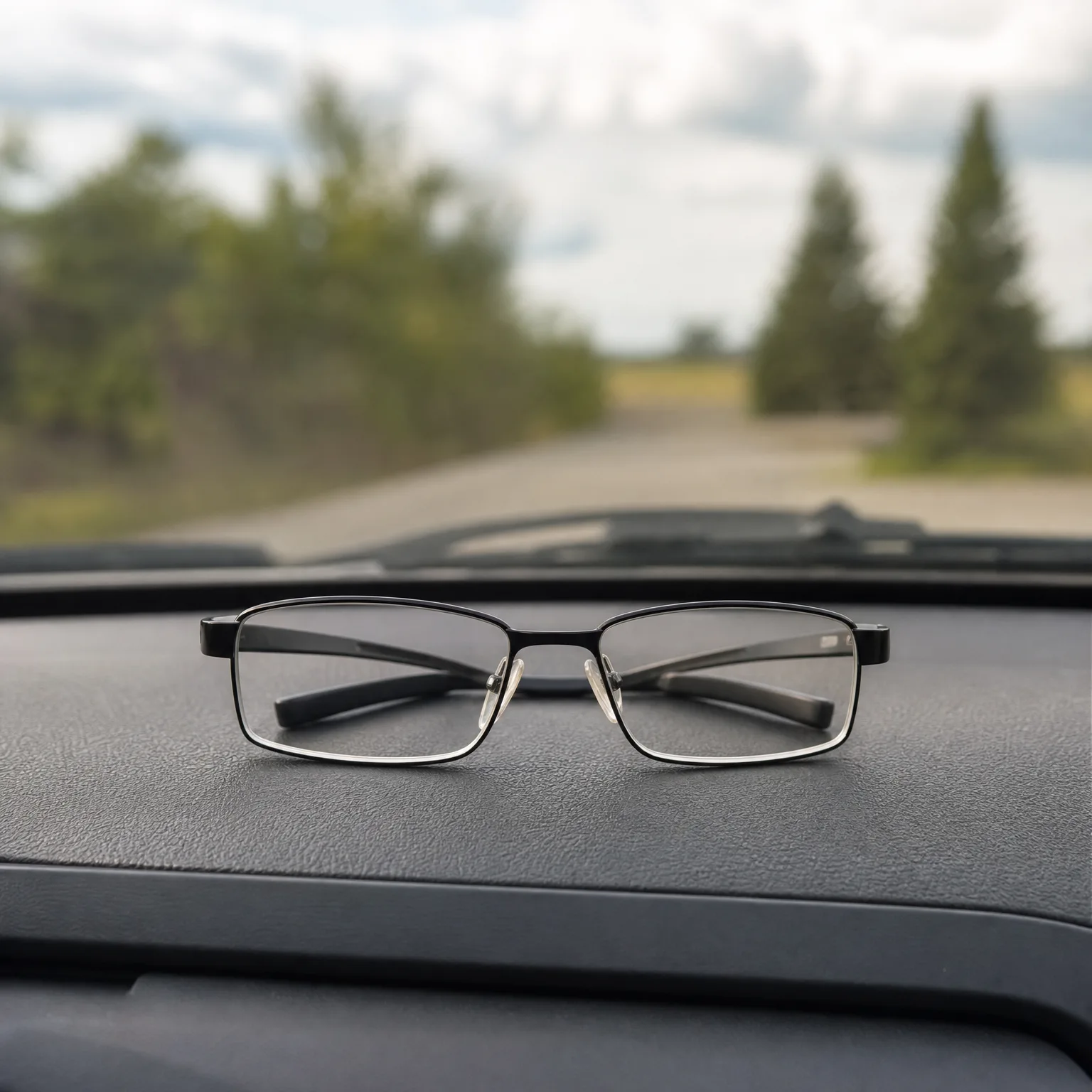 A pair of black rectangular eyeglasses resting on a car dashboard, with a blurred road and trees seen through the windshield.