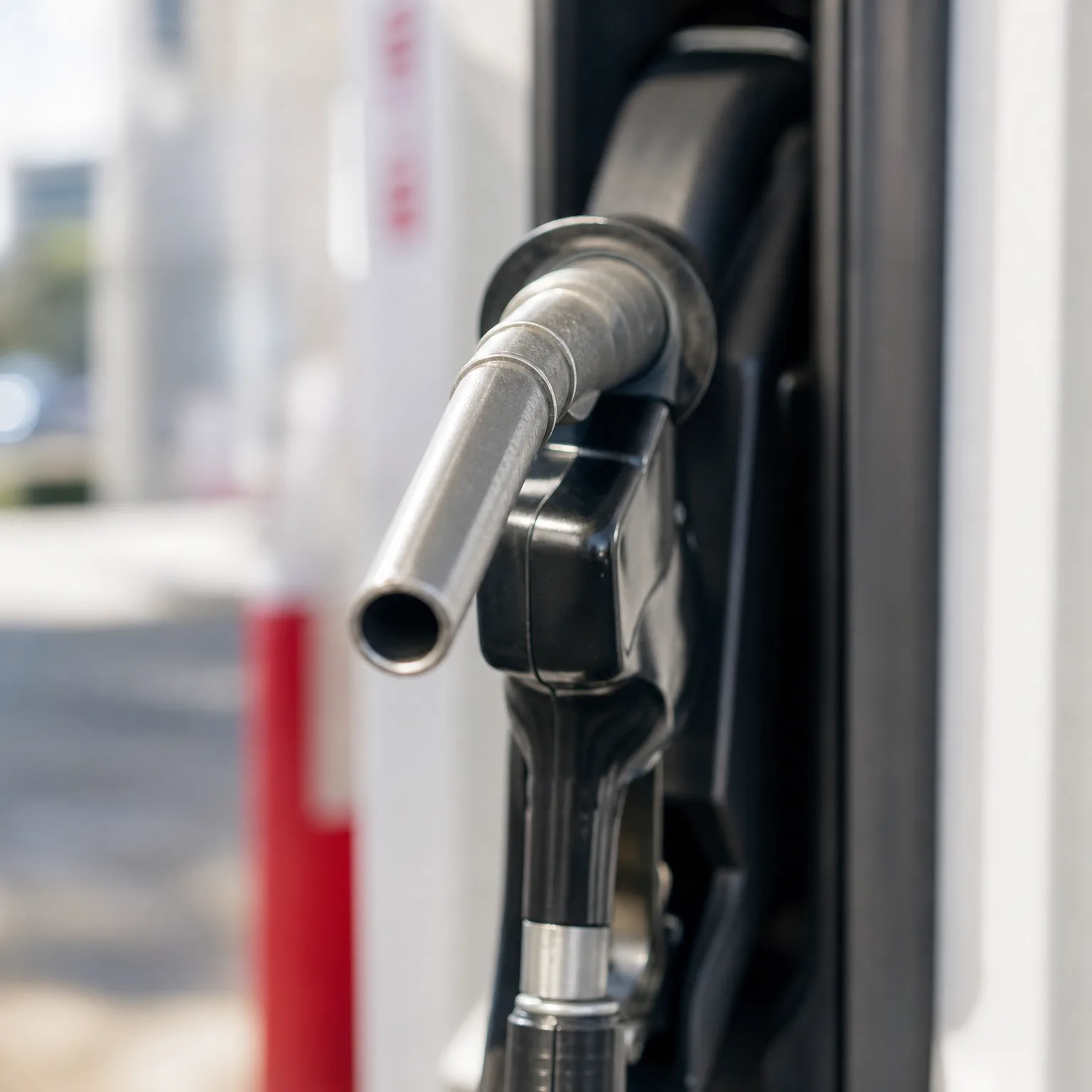 Close-up of a black fuel nozzle with a metal spout resting in a fuel dispenser, with a blurred red post and pavement in the background.
