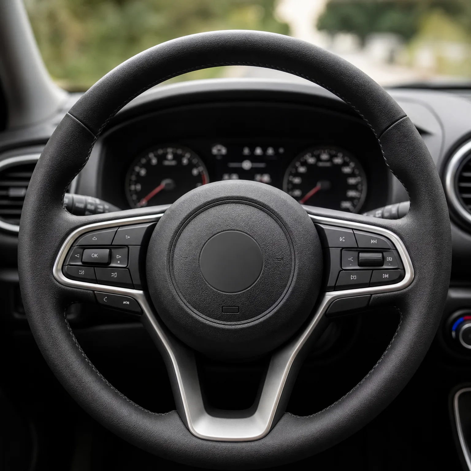 Close-up of a black car steering wheel with silver-trimmed control buttons on both spokes, with the instrument cluster gauges and a blurred green view through the windshield behind it.