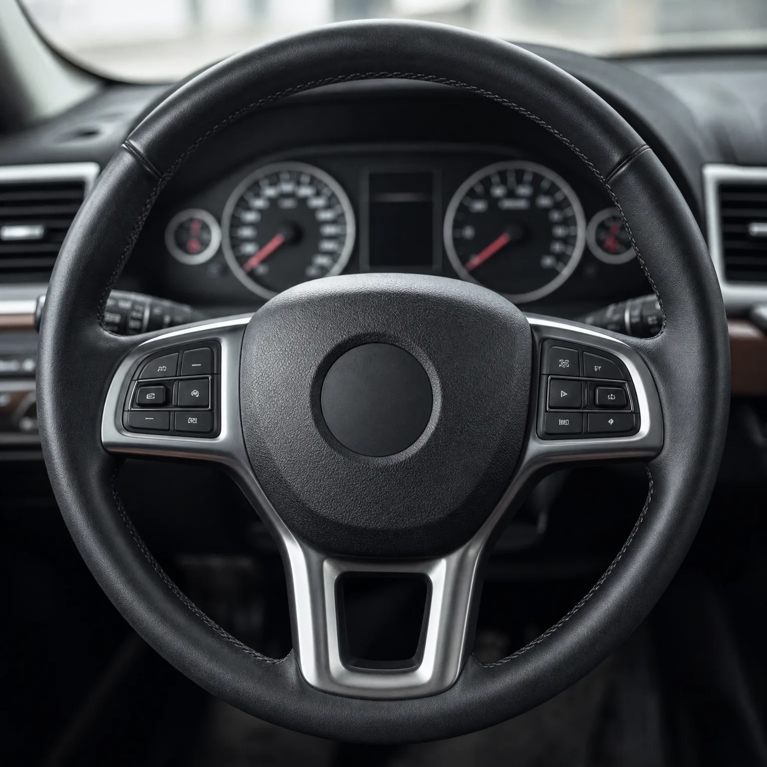 Close-up of a black leather-wrapped car steering wheel with silver-trimmed control buttons on both spokes, with the instrument cluster gauges blurred behind it.