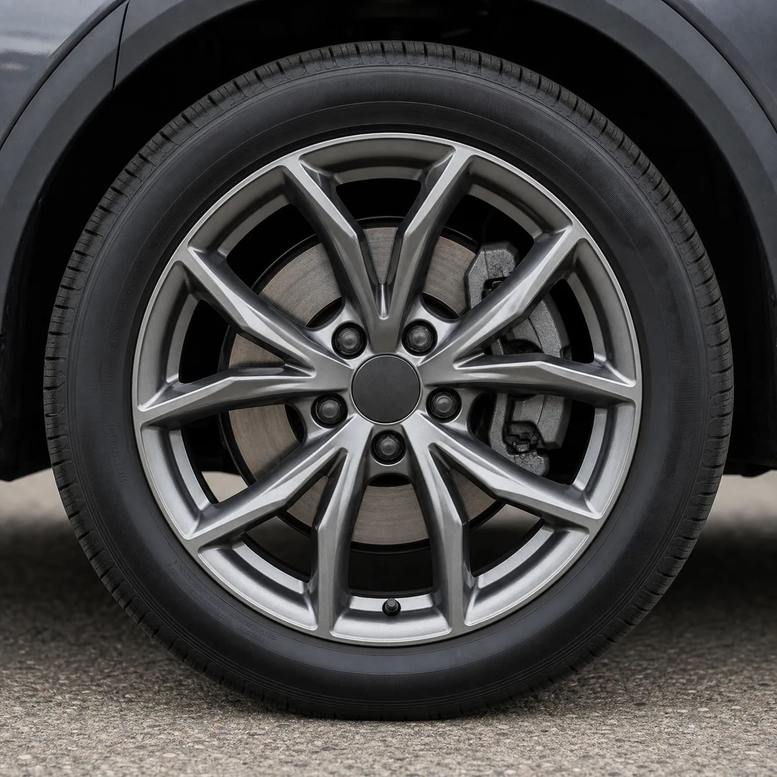 Close-up of a car's front wheel with a silver multi-spoke alloy rim, black tire, and visible brake disc and caliper, on asphalt pavement.