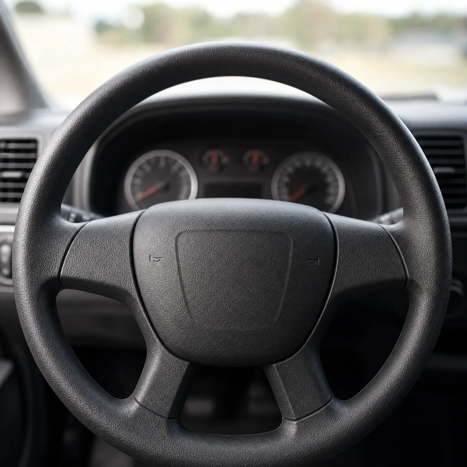 Close-up of a black three-spoke steering wheel inside a vehicle, with the instrument cluster gauges blurred behind it and a bright out-of-focus view through the windshield.