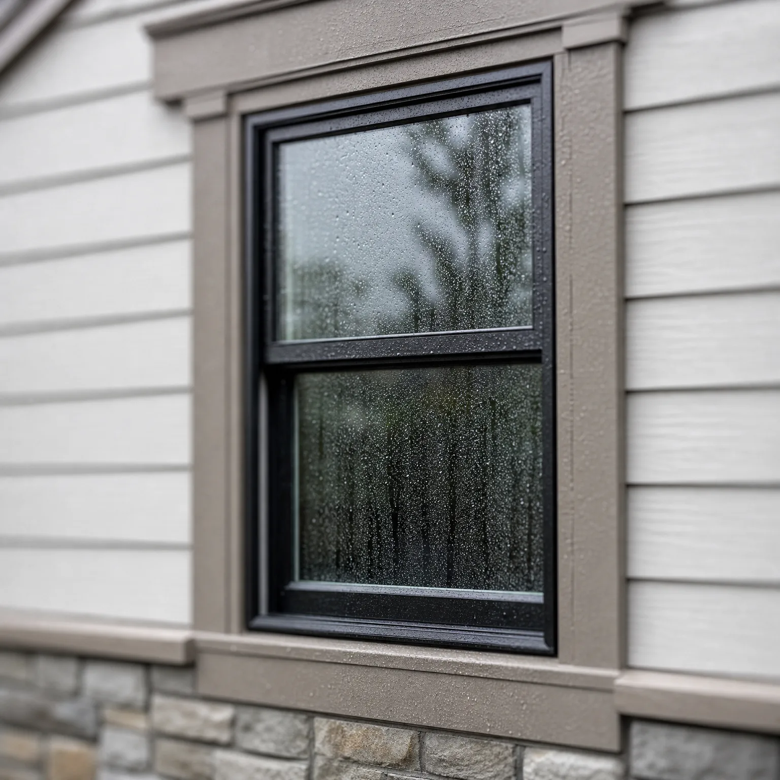 Exterior close-up of a black-framed double-hung window with water droplets on the glass, set in taupe trim on a house with white horizontal lap siding and a stone veneer base.