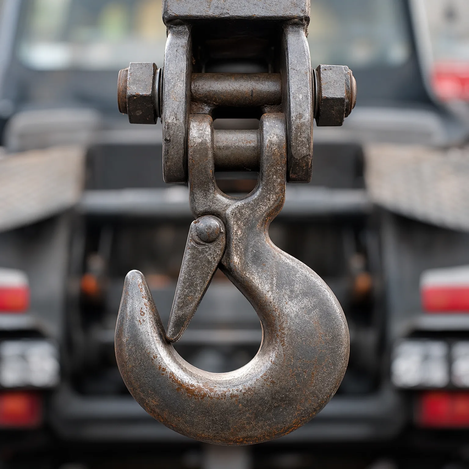Close-up of a large steel lifting hook with safety latch and bolted clevis, hanging in front of a blurred truck rear end with red lights.
