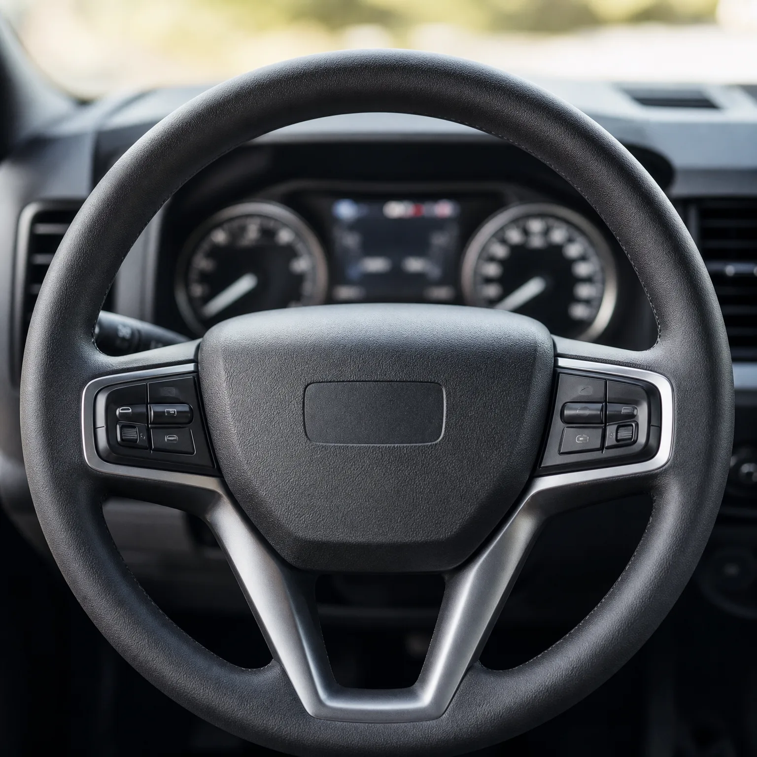 Close-up of a black three-spoke car steering wheel with control buttons on both spokes, with the instrument cluster gauges and dashboard vents blurred behind it.