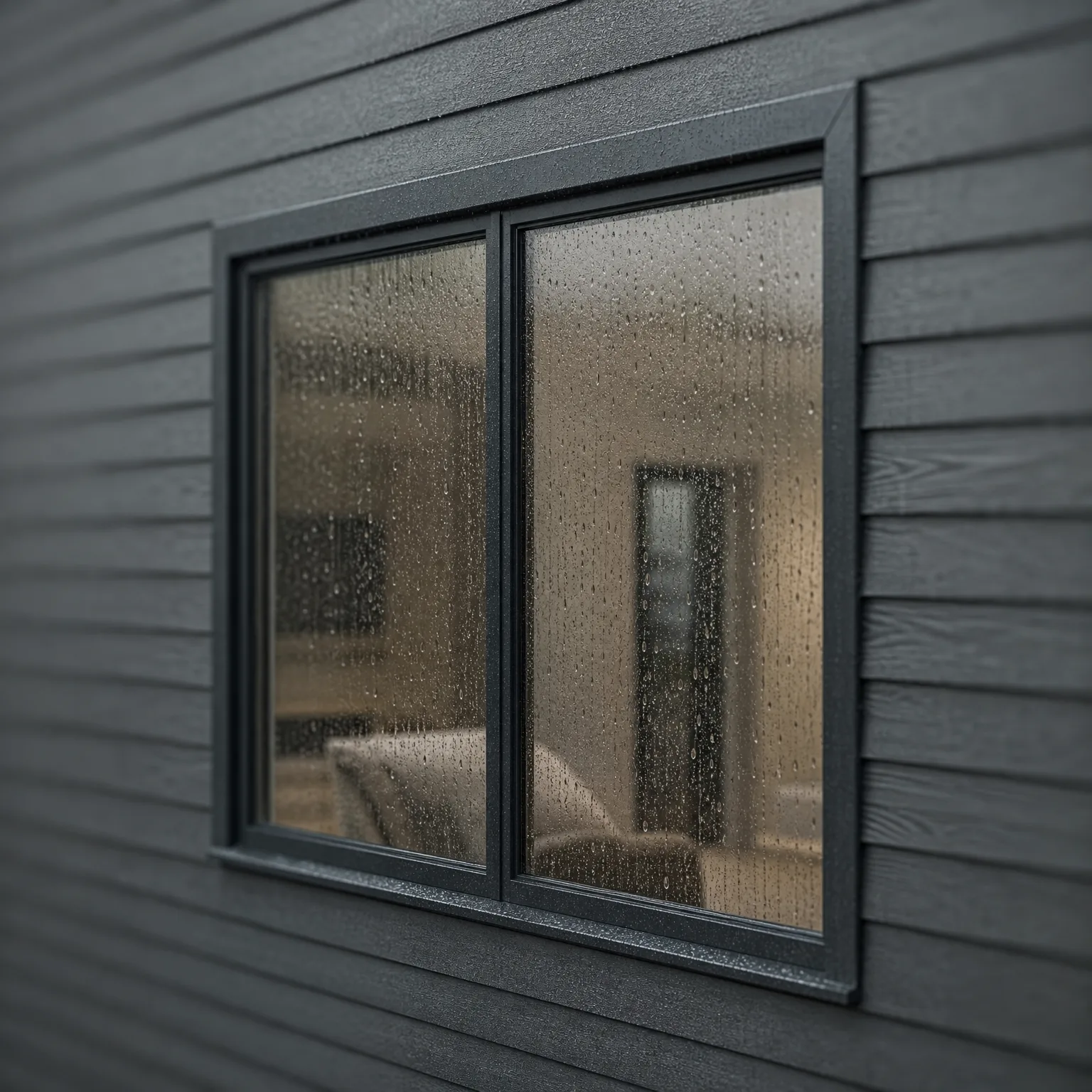 A dark-framed two-pane window set in grey horizontal timber-look siding, with rain droplets on the glass and a dimly lit interior visible behind.