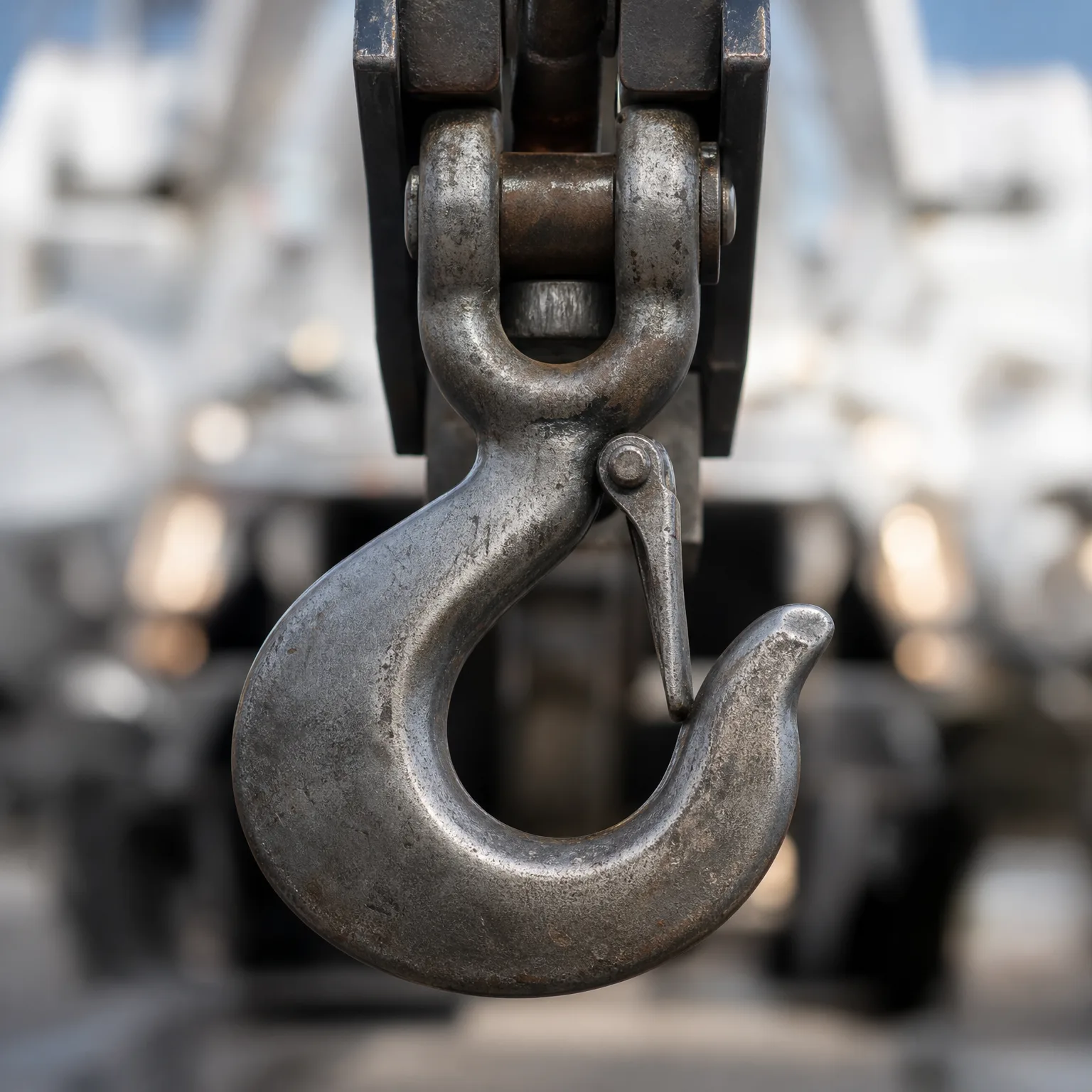 Close-up of a worn steel lifting hook with a safety latch, hanging from a shackle and dark metal block, against a blurred background of machinery and sky.