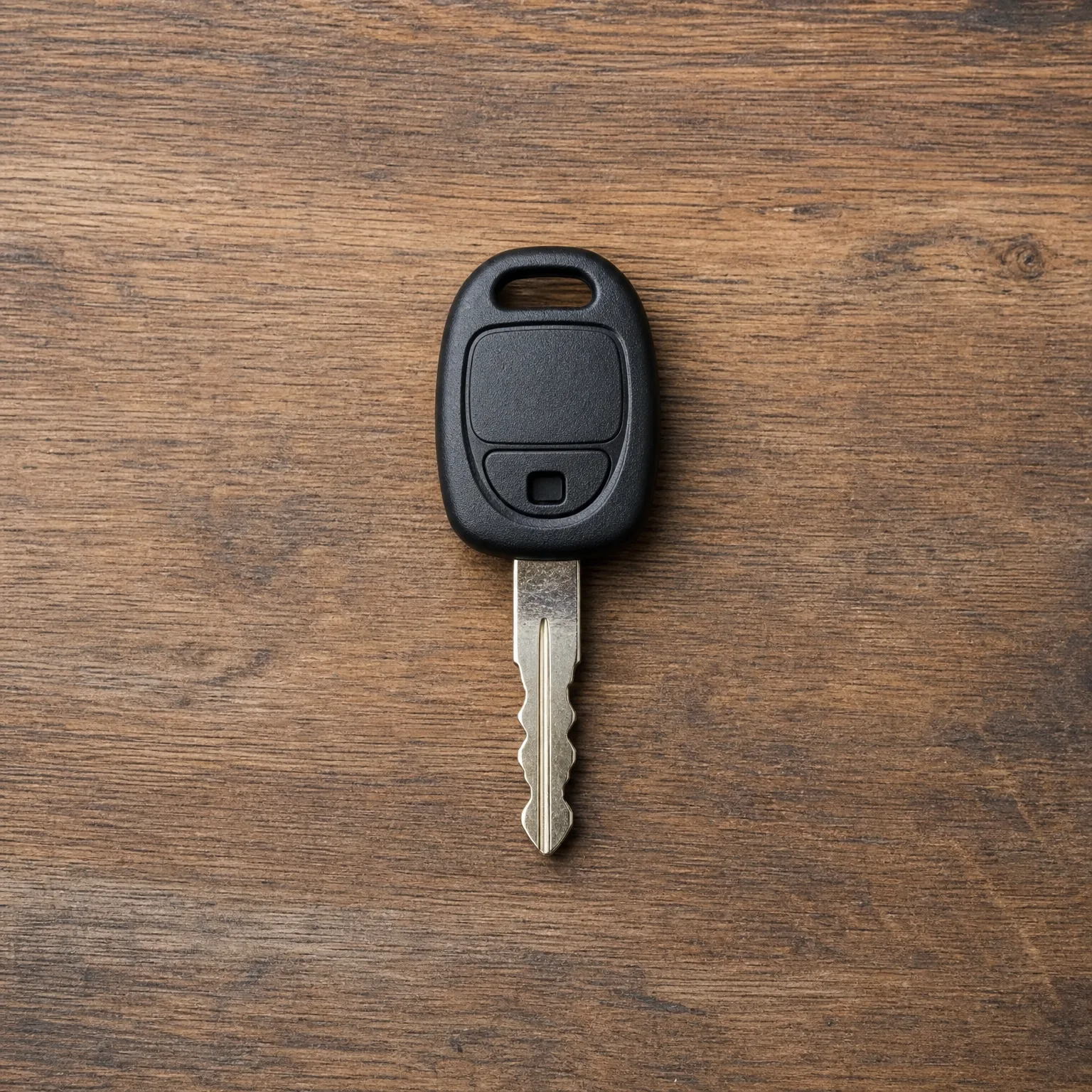 A car key with a black plastic head containing two buttons and a metal blade, lying on a brown wooden surface.