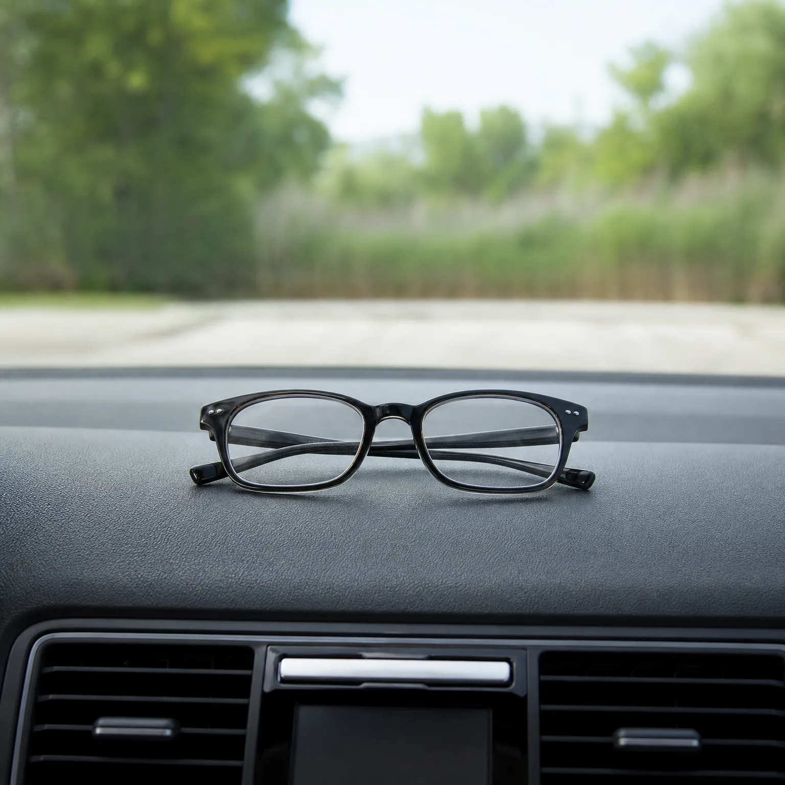 A pair of folded black-framed eyeglasses resting on a dark car dashboard, with a paved area and blurred green trees visible through the windshield.