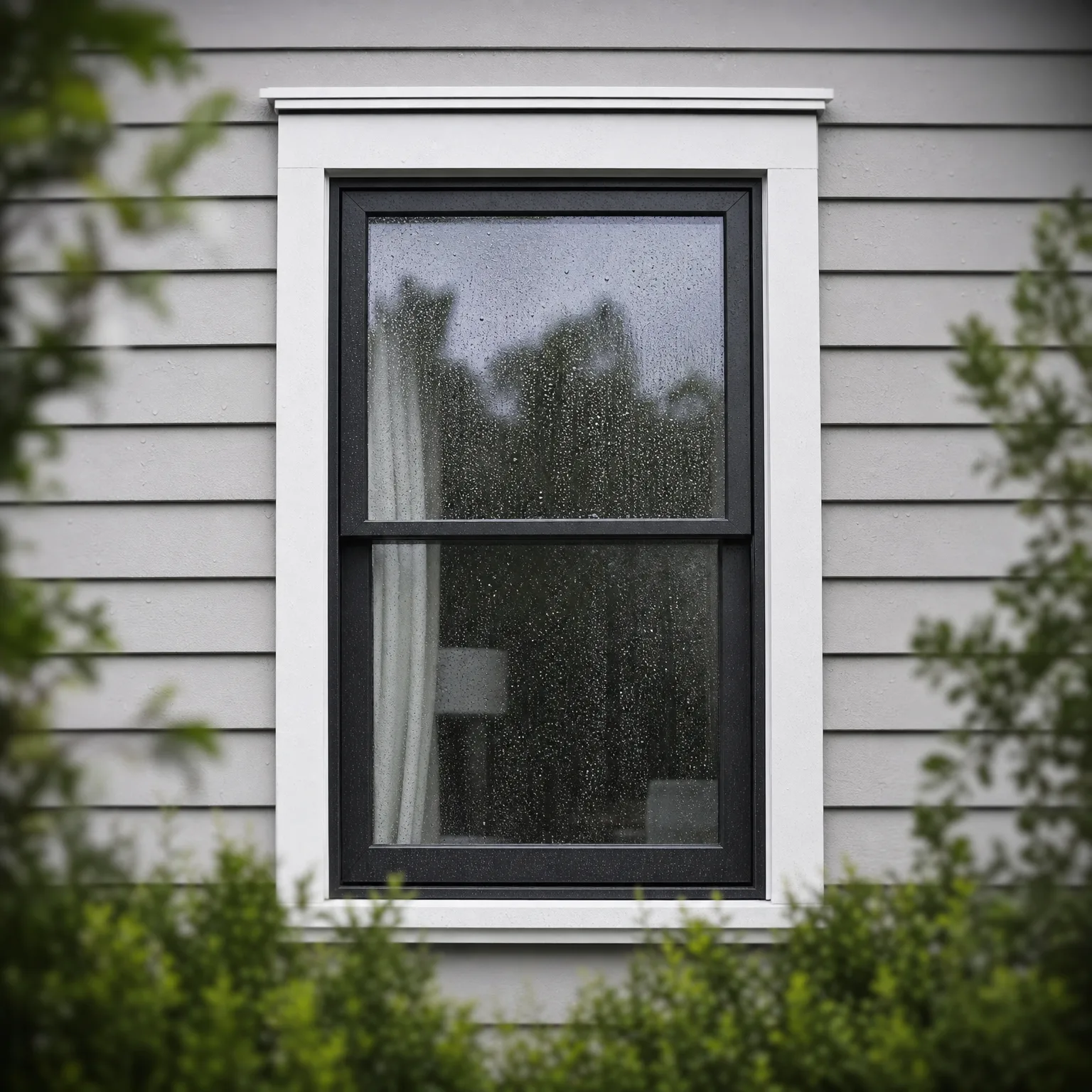 A dark-framed double-hung window with white trim set in gray horizontal lap siding, its glass covered with water droplets, with green shrubs and leaves at the edges of the frame.