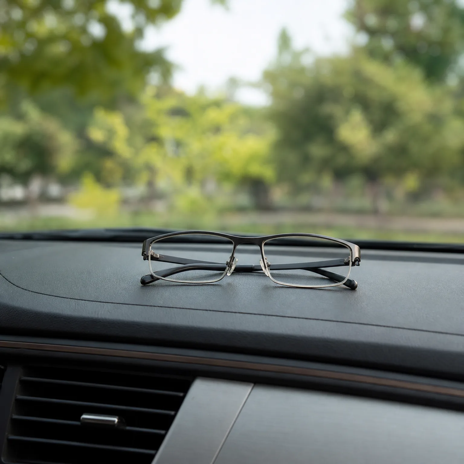 A pair of folded eyeglasses with thin metal and black frames resting on a dark car dashboard, with blurred green trees visible through the windshield.