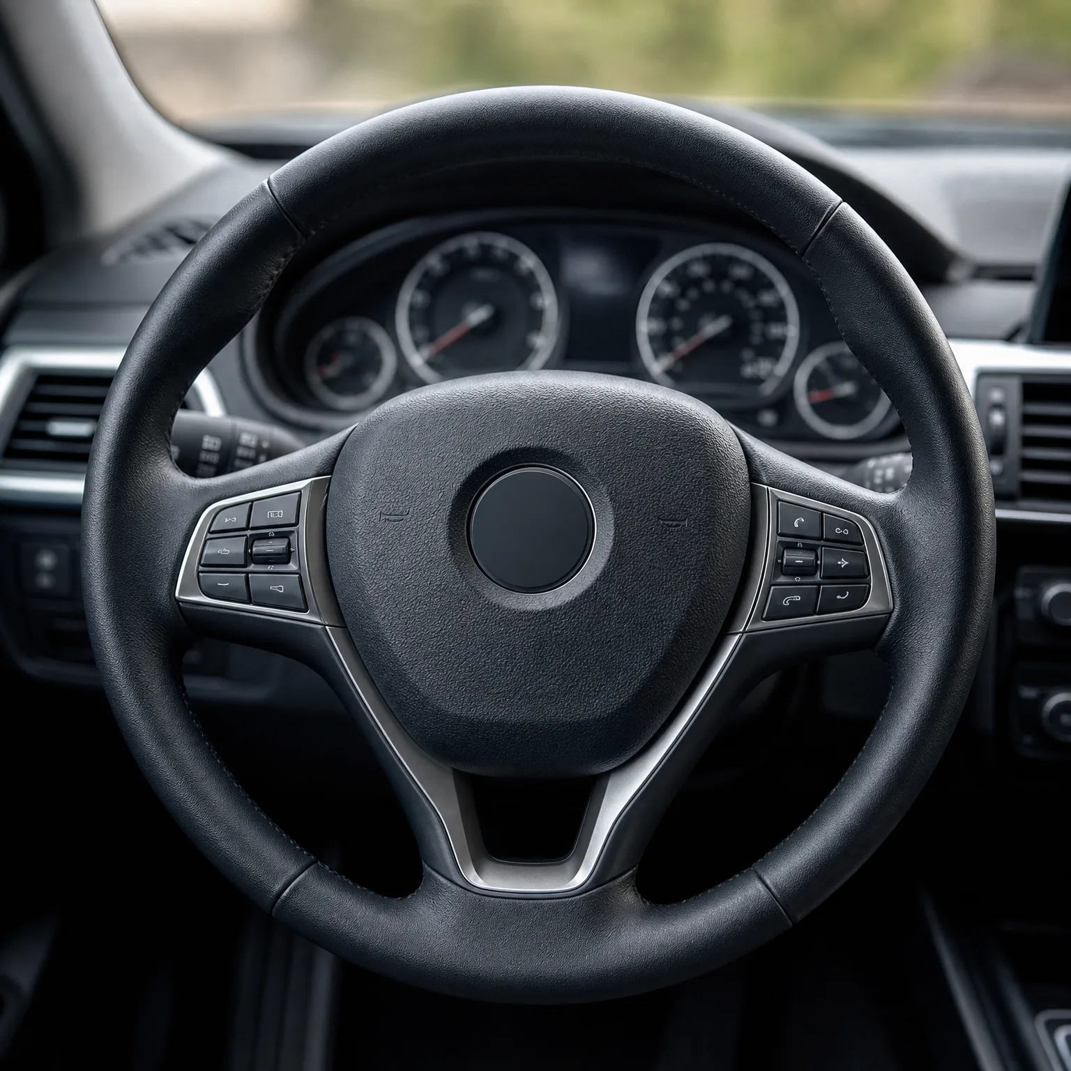 Close-up of a black three-spoke leather steering wheel with control buttons on both spokes, with blurred instrument gauges and dashboard vents behind it.