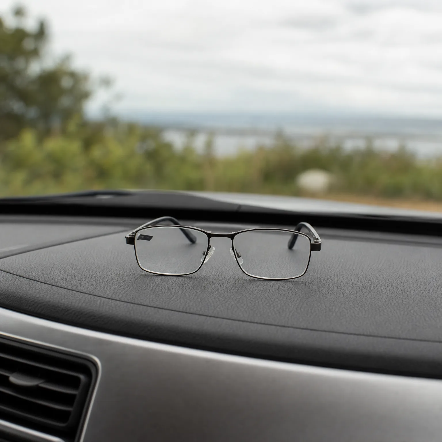 A pair of thin metal-framed eyeglasses resting on a black car dashboard, with blurred green vegetation and water visible through the windshield.