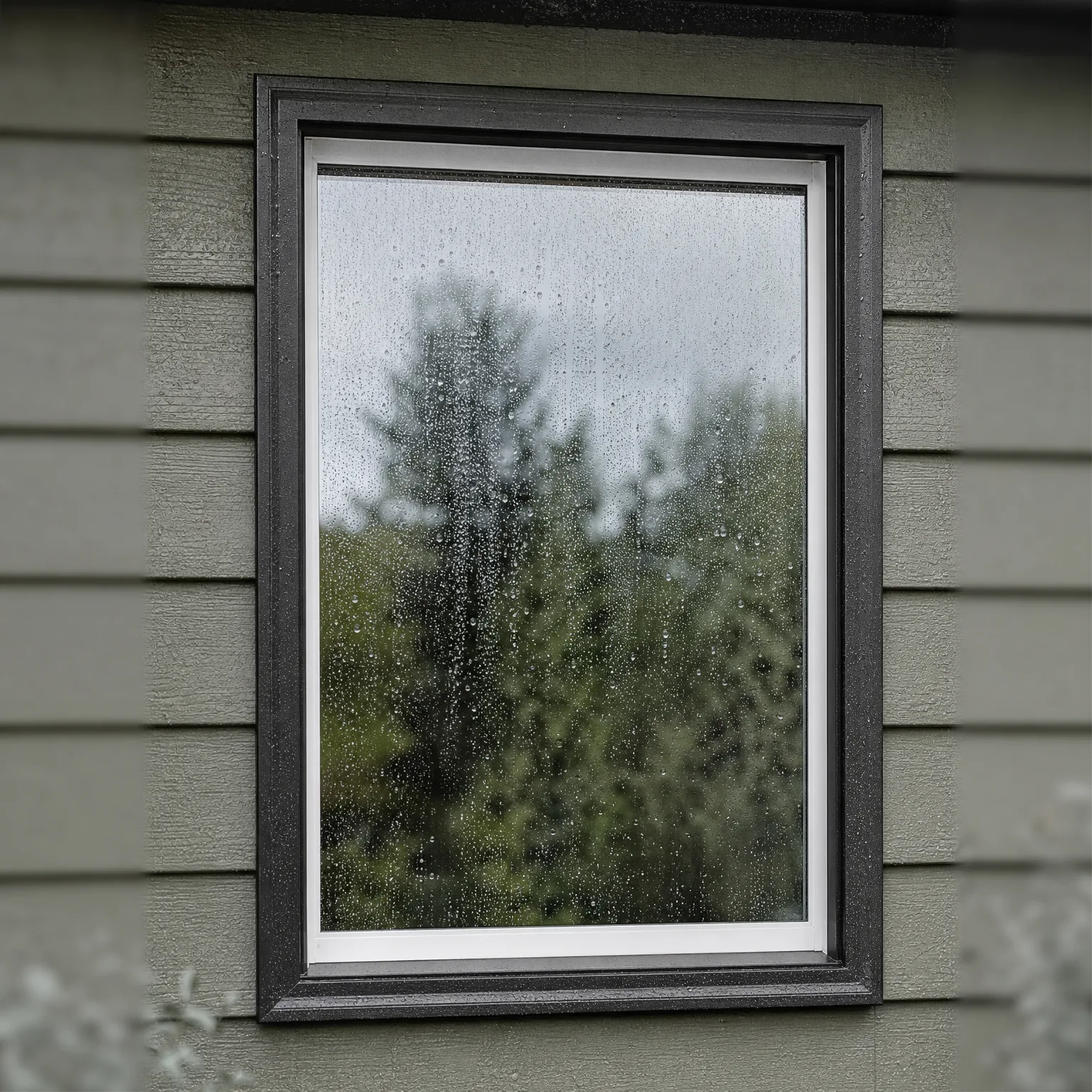 Exterior view of a black-framed window set in gray horizontal lap siding, with water droplets on the glass and blurred evergreen trees reflected or seen through it.