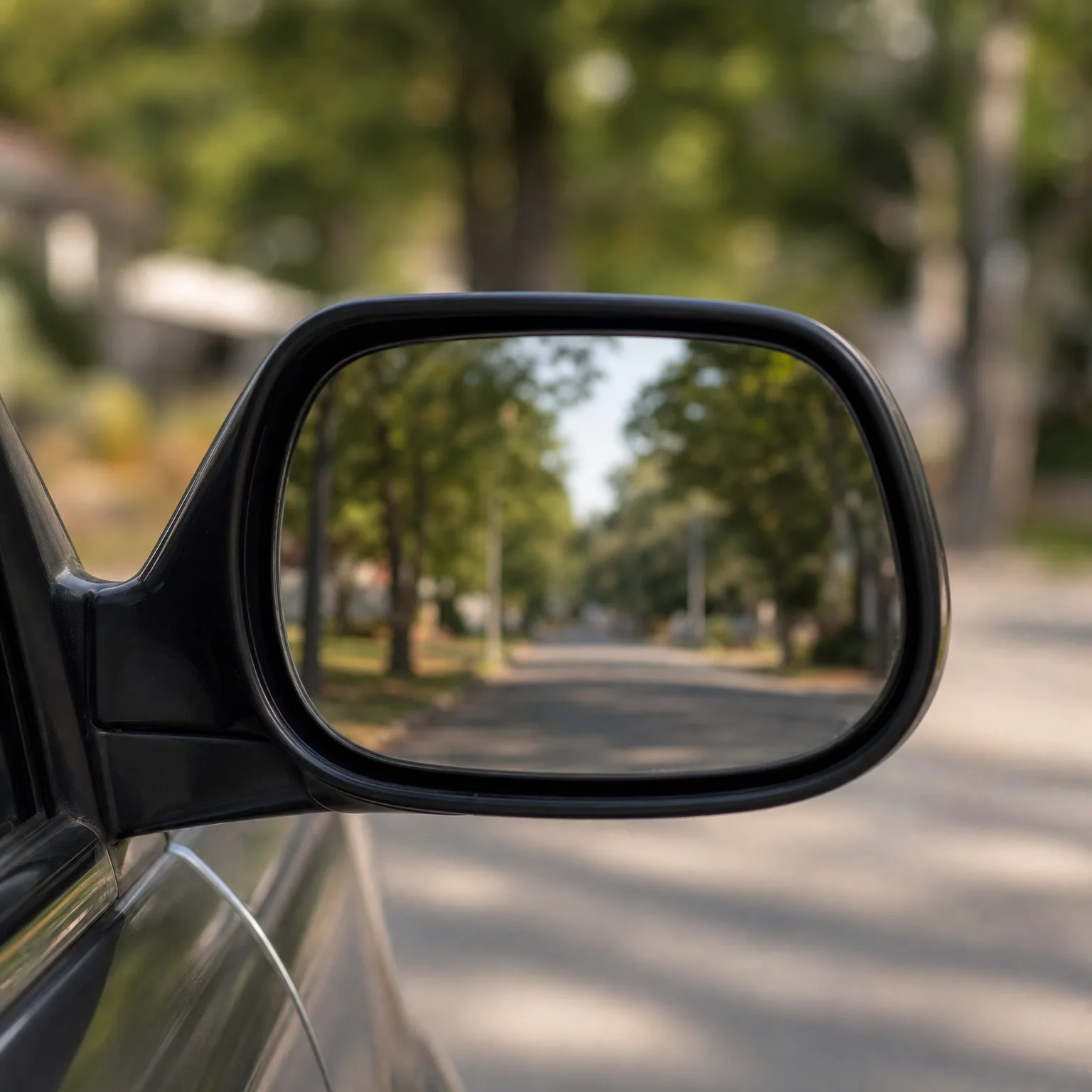 Close-up of a car's black side mirror reflecting a tree-lined residential street, with blurred green trees and pavement in the background.