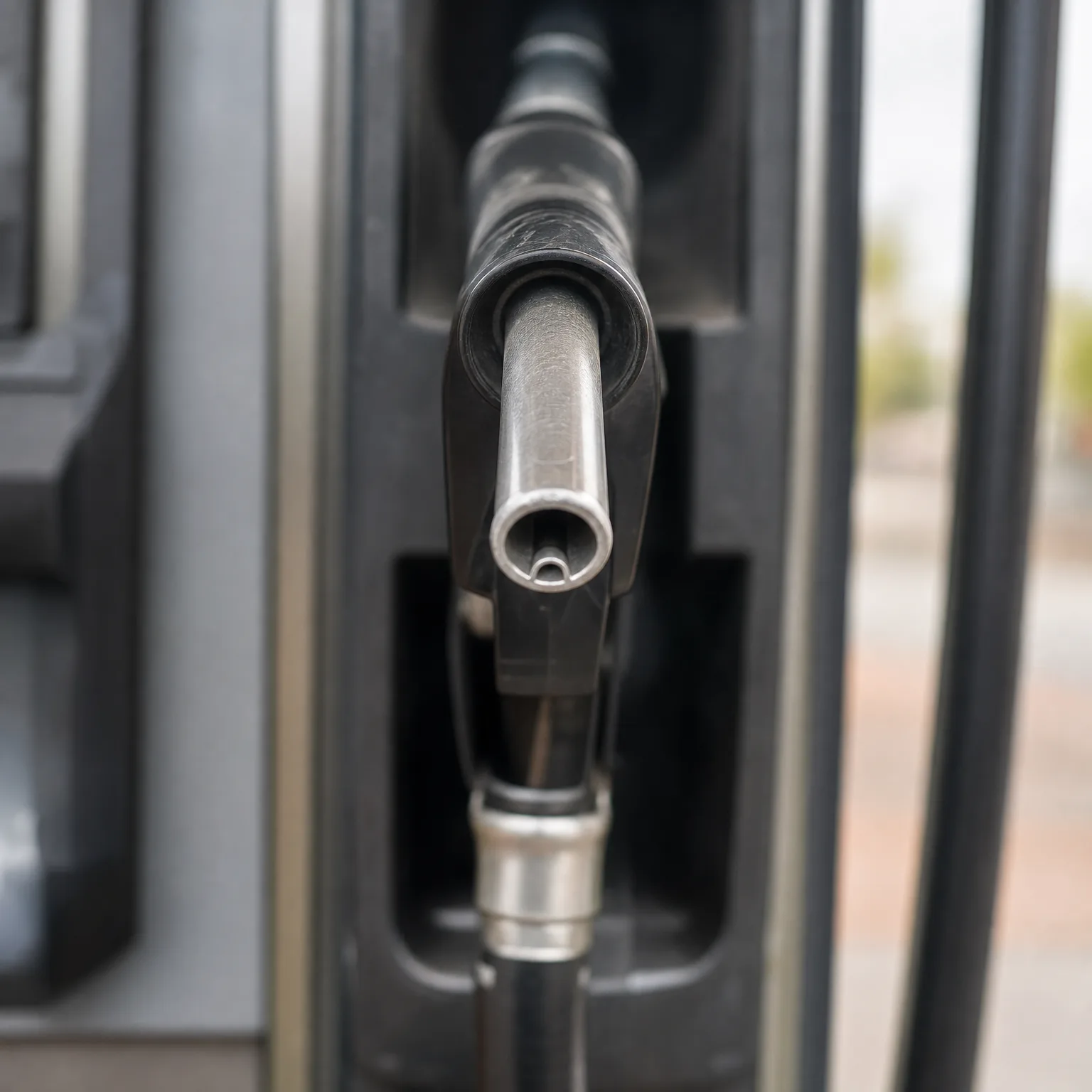 Close-up of a metal fuel nozzle resting in its holder on a fuel dispenser, with a blurred outdoor background.