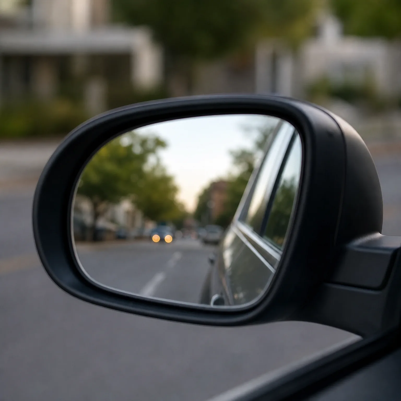 Close-up of a car's black side mirror reflecting a tree-lined road with lane markings and a distant vehicle showing two amber lights, with a blurred street and building behind.