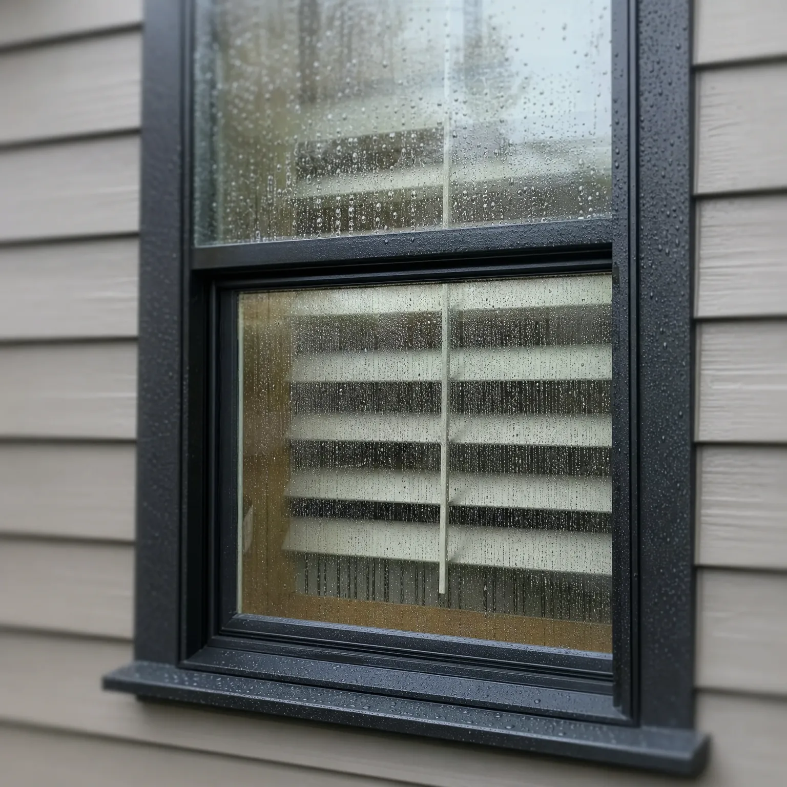 A dark-framed window with water droplets and streaks on the glass, set in light gray horizontal lap siding, with white blinds visible inside.