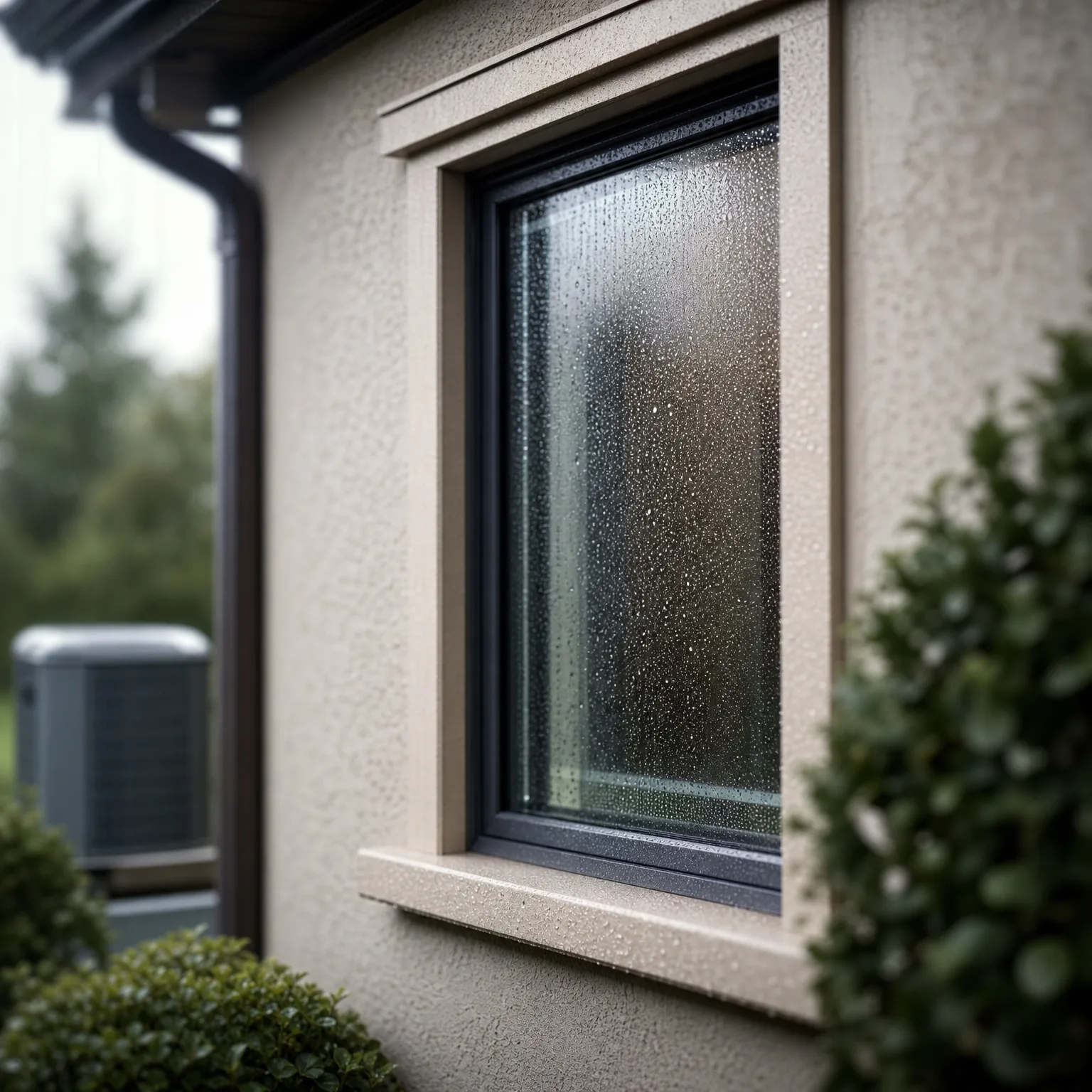 Exterior of a beige stucco house with a dark-framed window covered in water droplets, a downspout and an outdoor condenser unit at left, and green shrubs in the foreground.