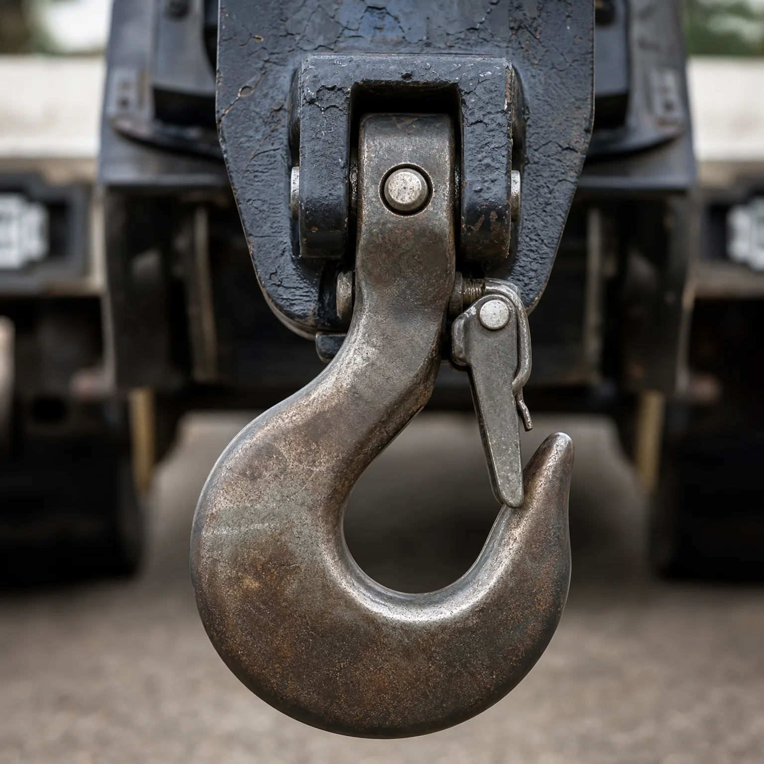 Close-up of a large steel lifting hook with a safety latch hanging from a dark painted metal block, with a blurred vehicle and gravel ground behind.