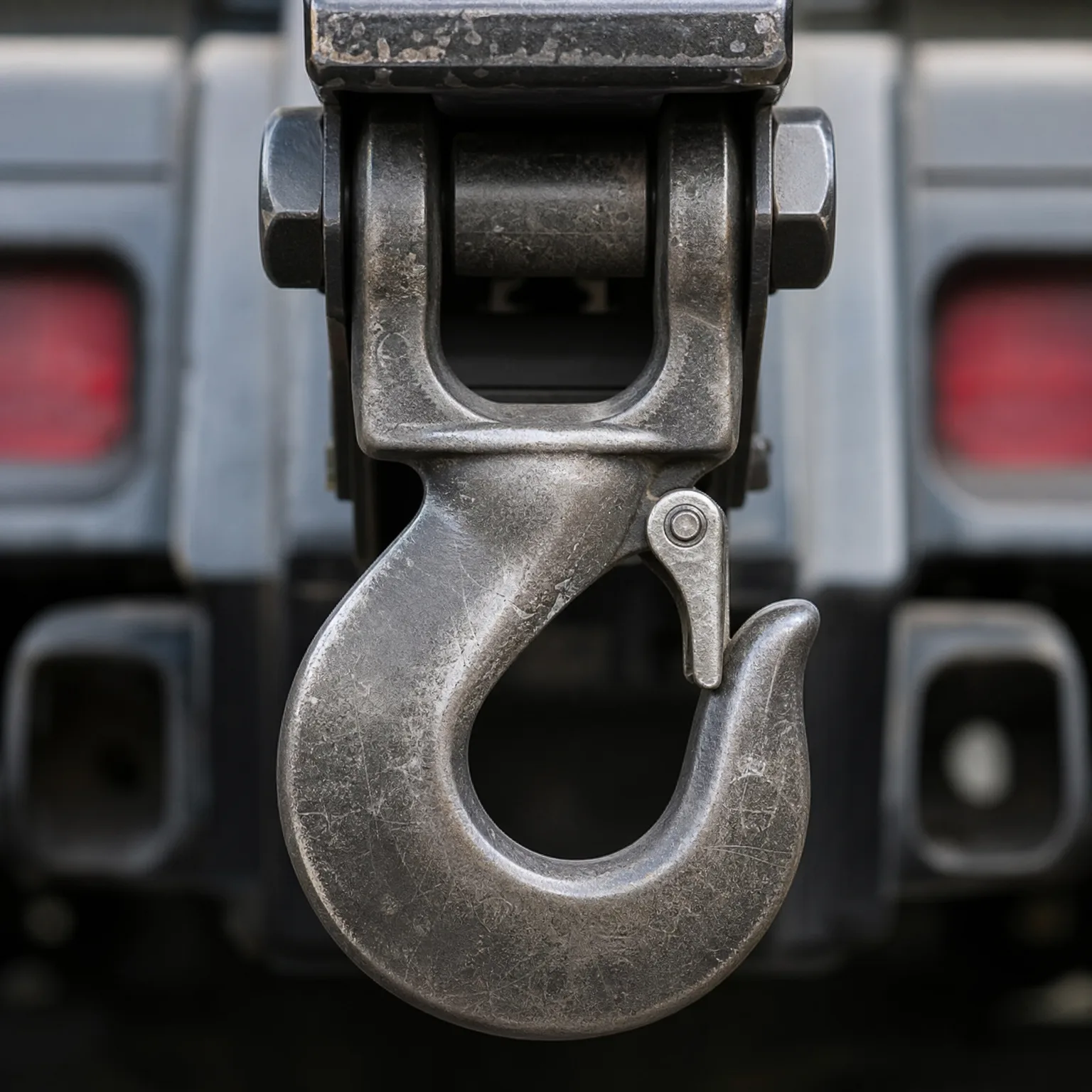 Close-up of a scratched metal lifting hook with a safety latch and clevis, hanging in front of a blurred vehicle rear with red lights.