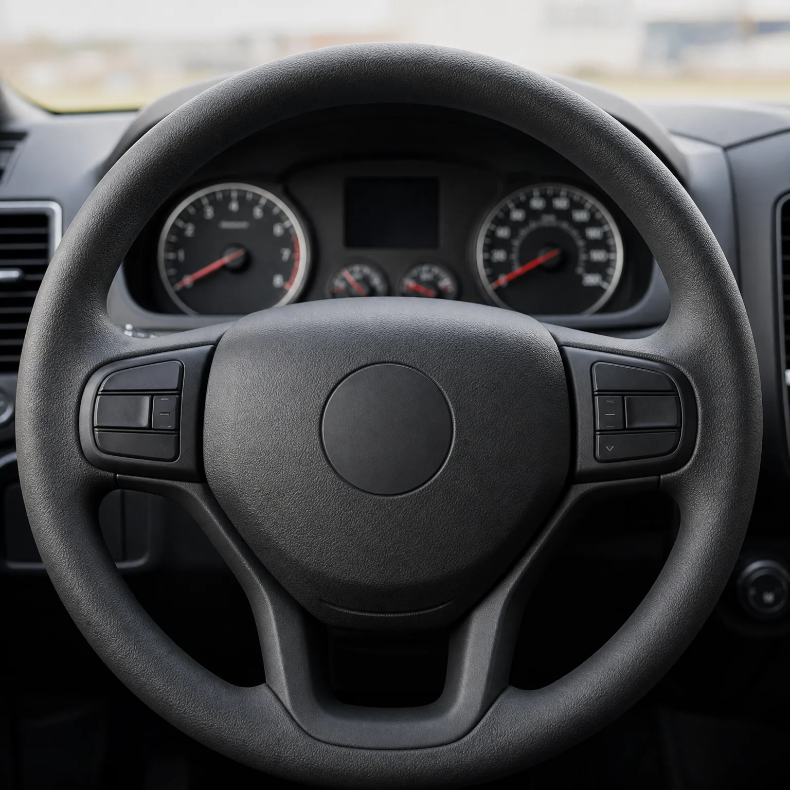 Close-up of a black three-spoke car steering wheel with control buttons on both spokes, with the instrument cluster showing tachometer and speedometer blurred behind it.