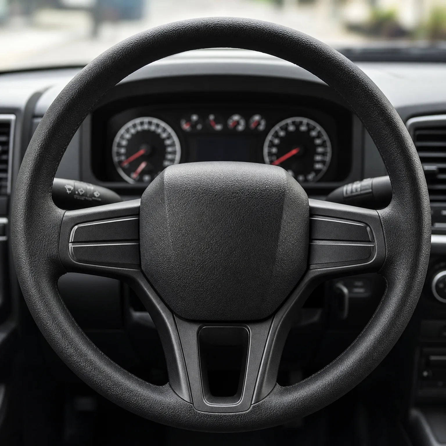 Close-up of a black four-spoke steering wheel with an unmarked center pad, in front of a dashboard instrument cluster with two round gauges and stalk controls.