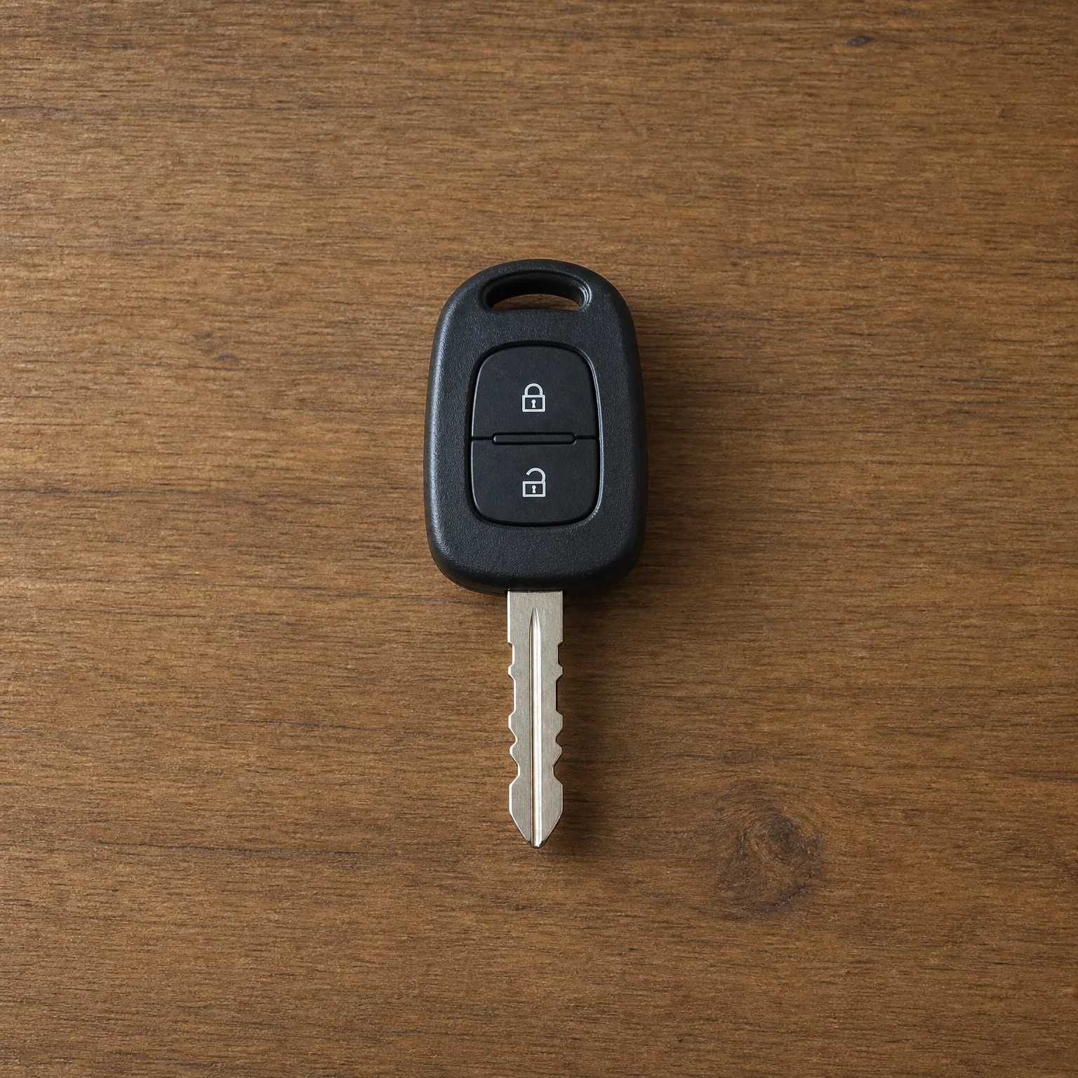 A black two-button remote car key with an uncut metal blade lying on a brown wooden surface.