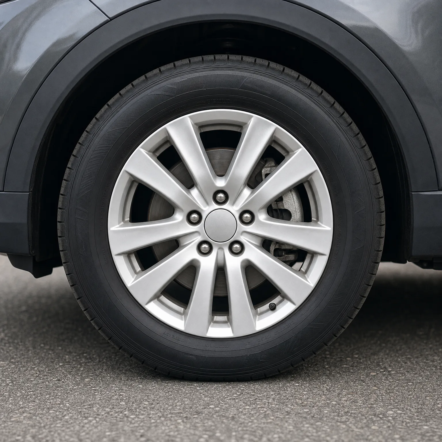 Close-up of a car's front wheel with a silver multi-spoke alloy rim and black tire, parked on asphalt beside a gray vehicle body.