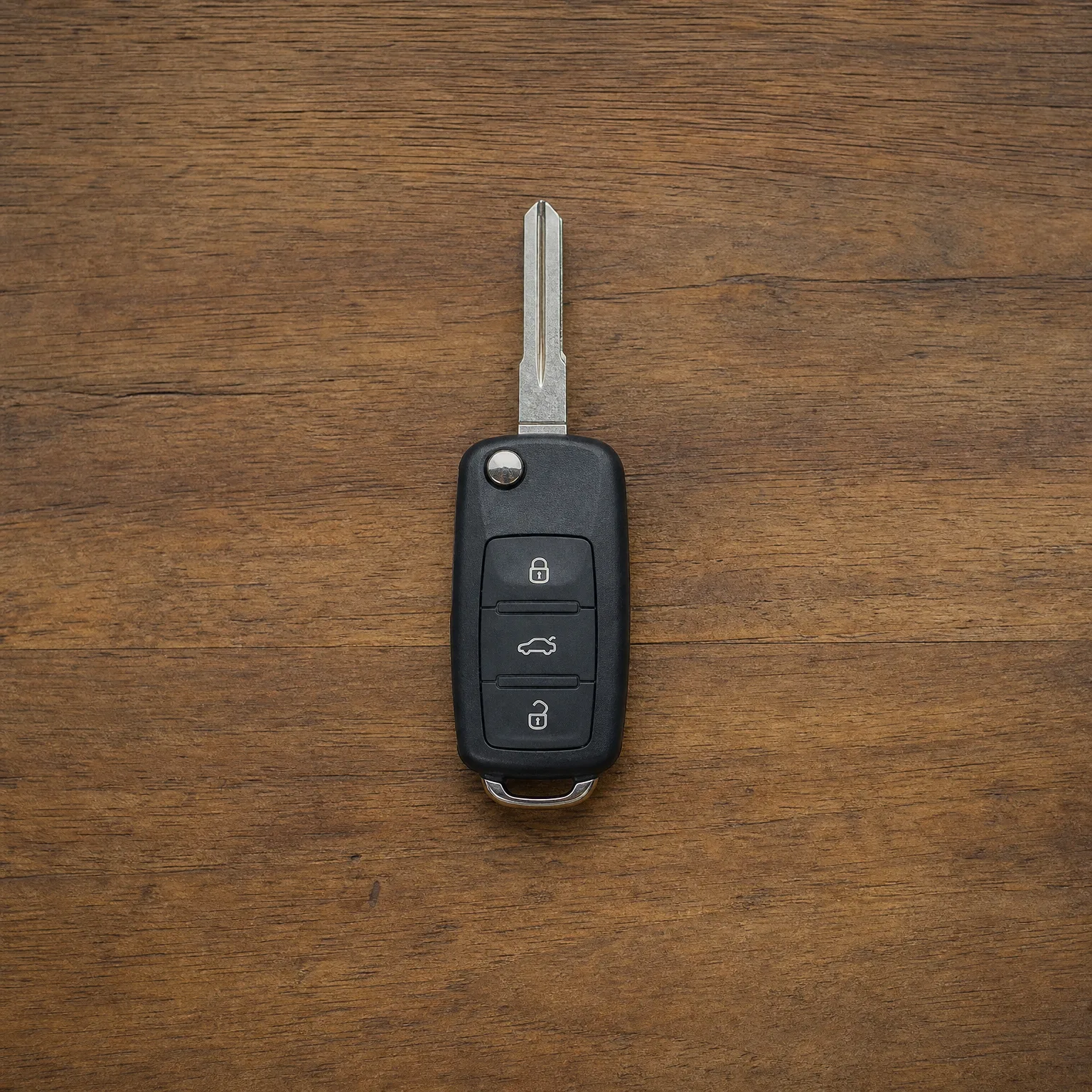 A black flip-style car key with three buttons (lock, trunk, unlock) and an extended metal blade, lying on a dark brown wooden surface.