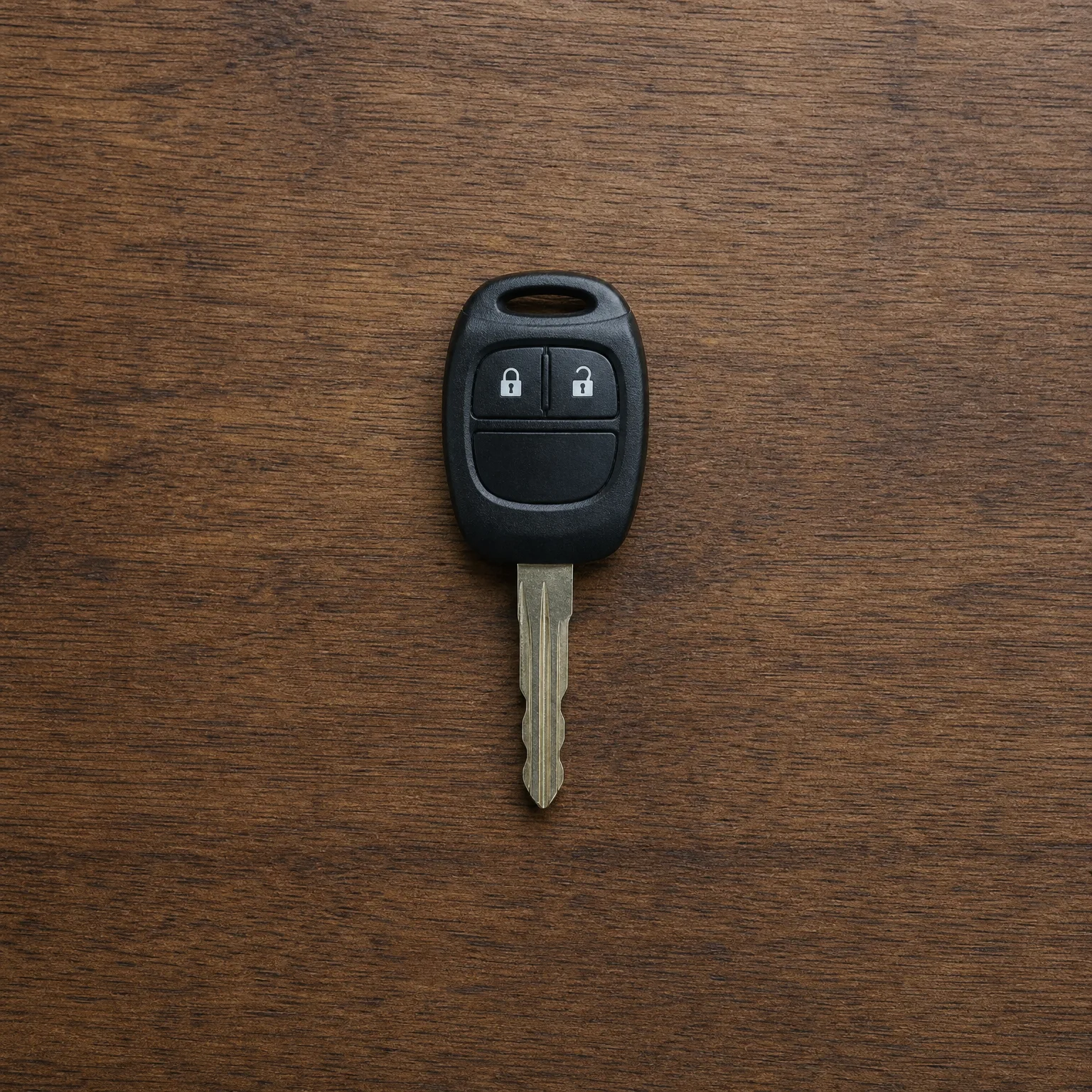 A black two-button remote car key with an uncut-looking metal blade lying on a dark brown wood surface.