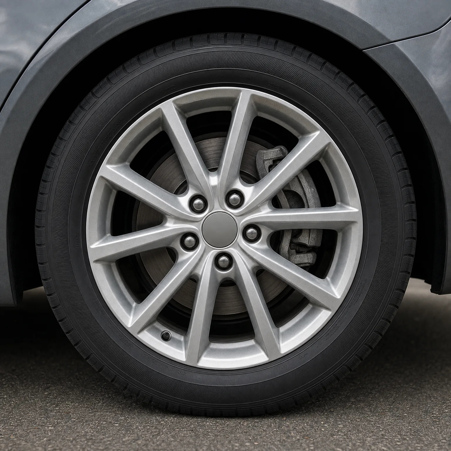 Close-up of a silver multi-spoke alloy wheel with black tire on a dark gray car, with brake disc and caliper visible behind the spokes and asphalt below.