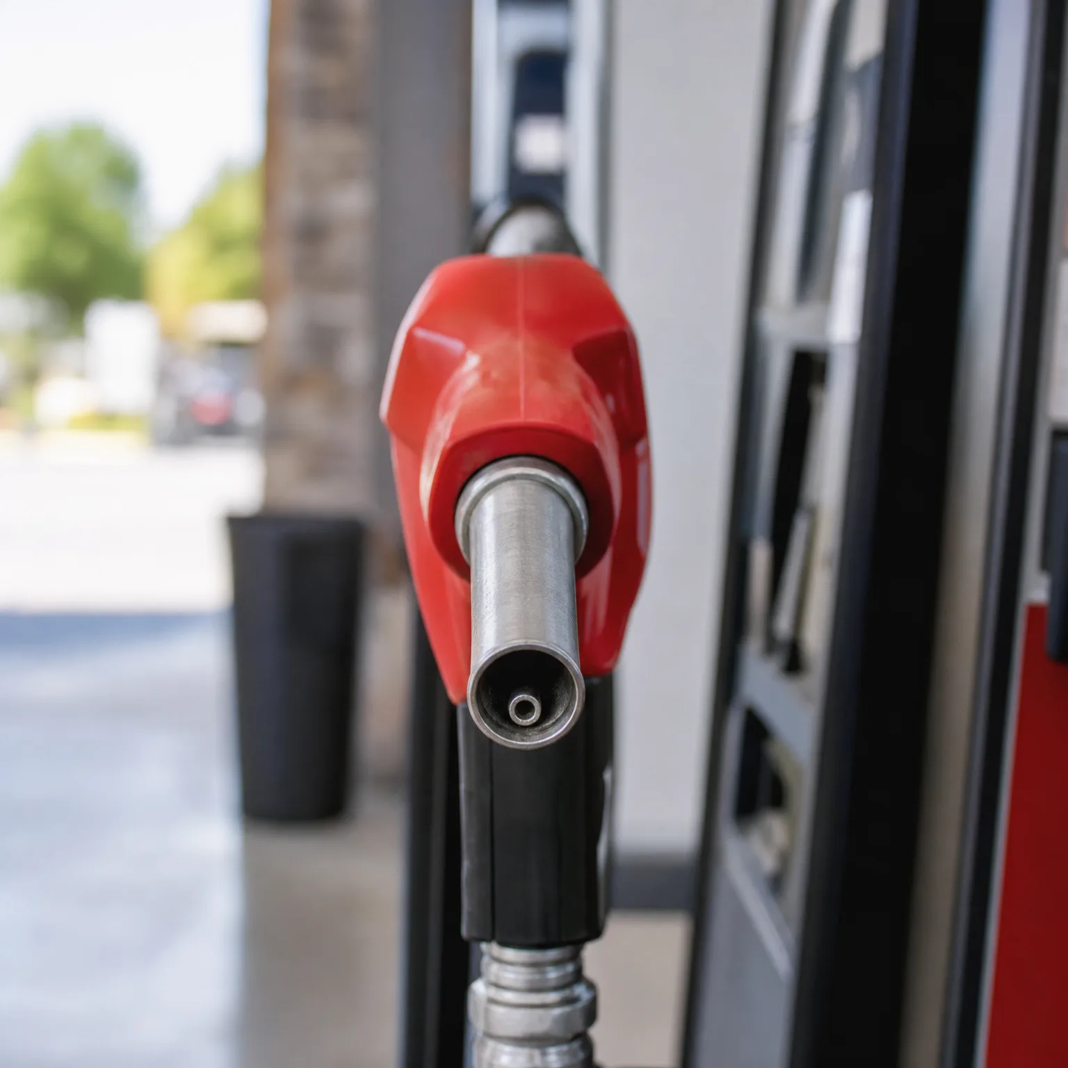 Close-up of a red fuel nozzle with a metal spout mounted on a gas pump, with a blurred background of greenery and pavement.
