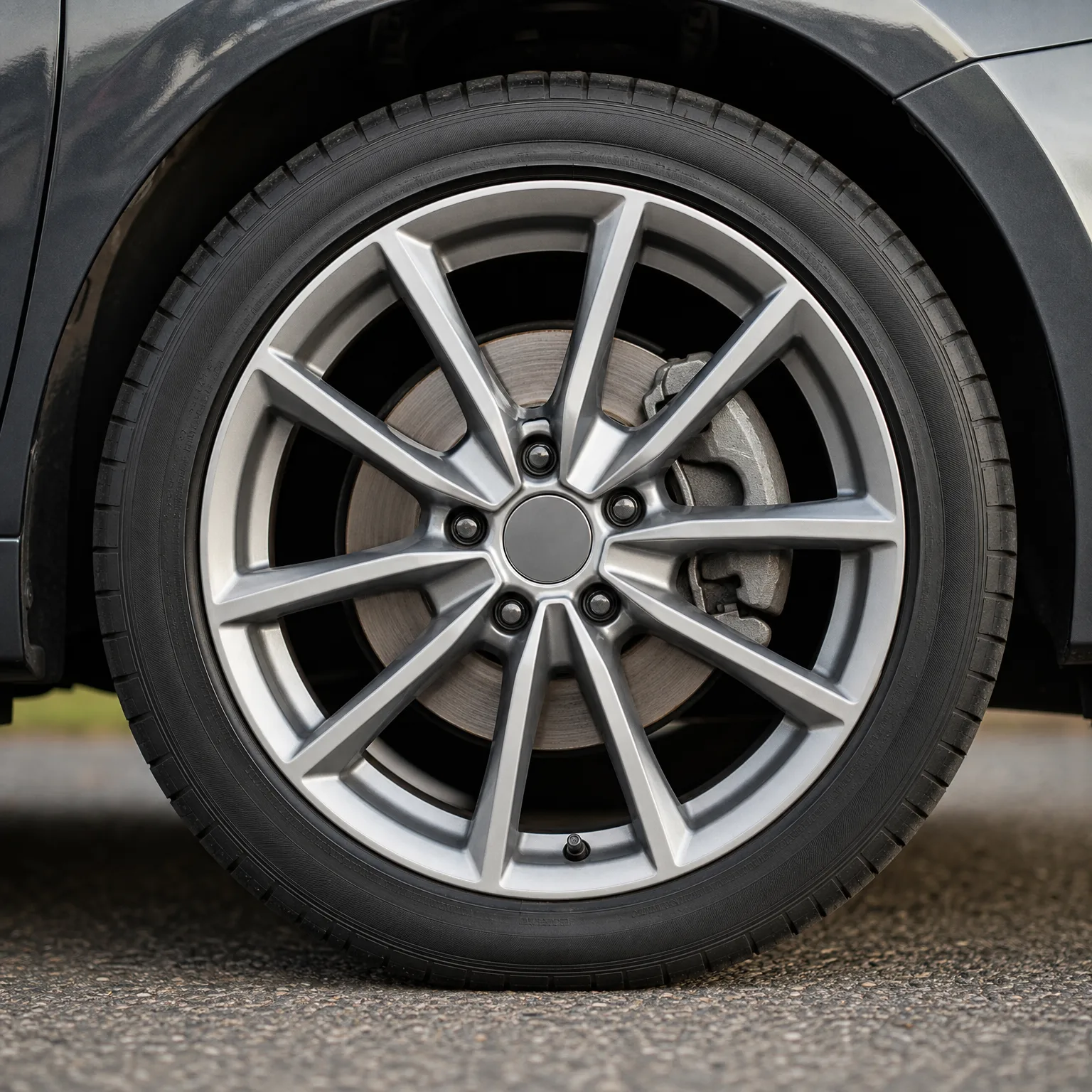 Close-up of a car's front wheel with a silver multi-spoke alloy rim and black tire, showing the brake disc and caliper behind the spokes, parked on asphalt.