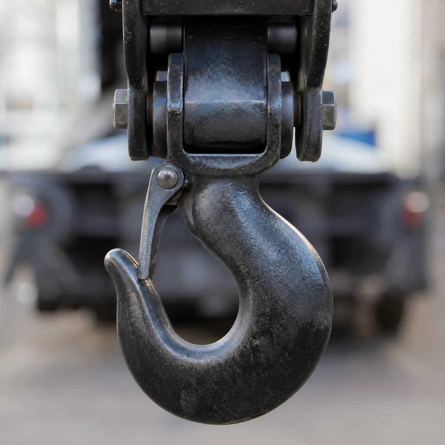 Close-up of a dark metal lifting hook with safety latch and swivel block against a blurred background.