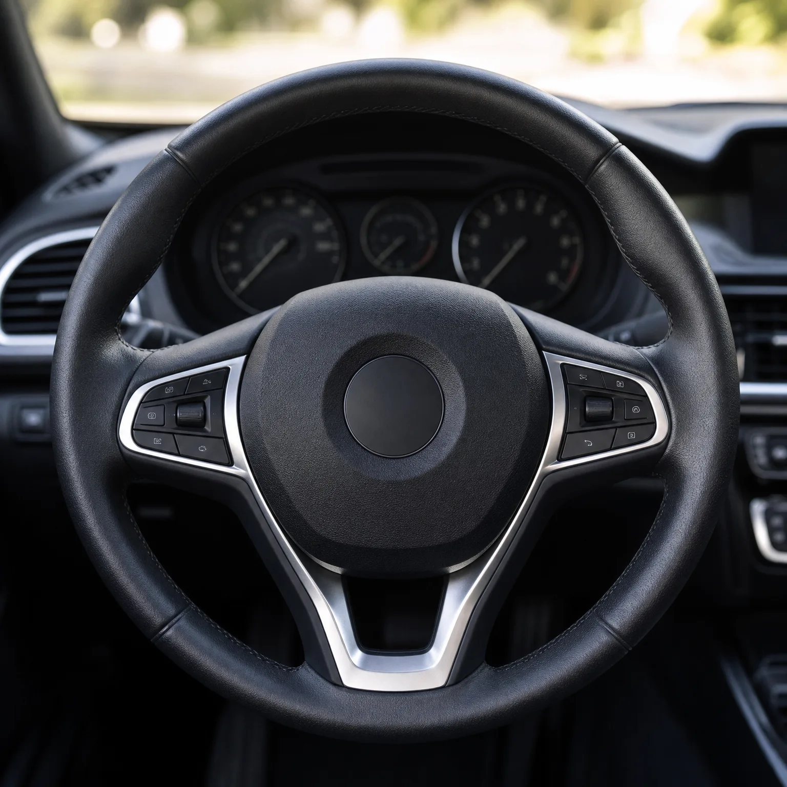 Close-up of a black leather three-spoke car steering wheel with silver-trimmed control buttons, in front of a blurred instrument cluster with two round gauges.