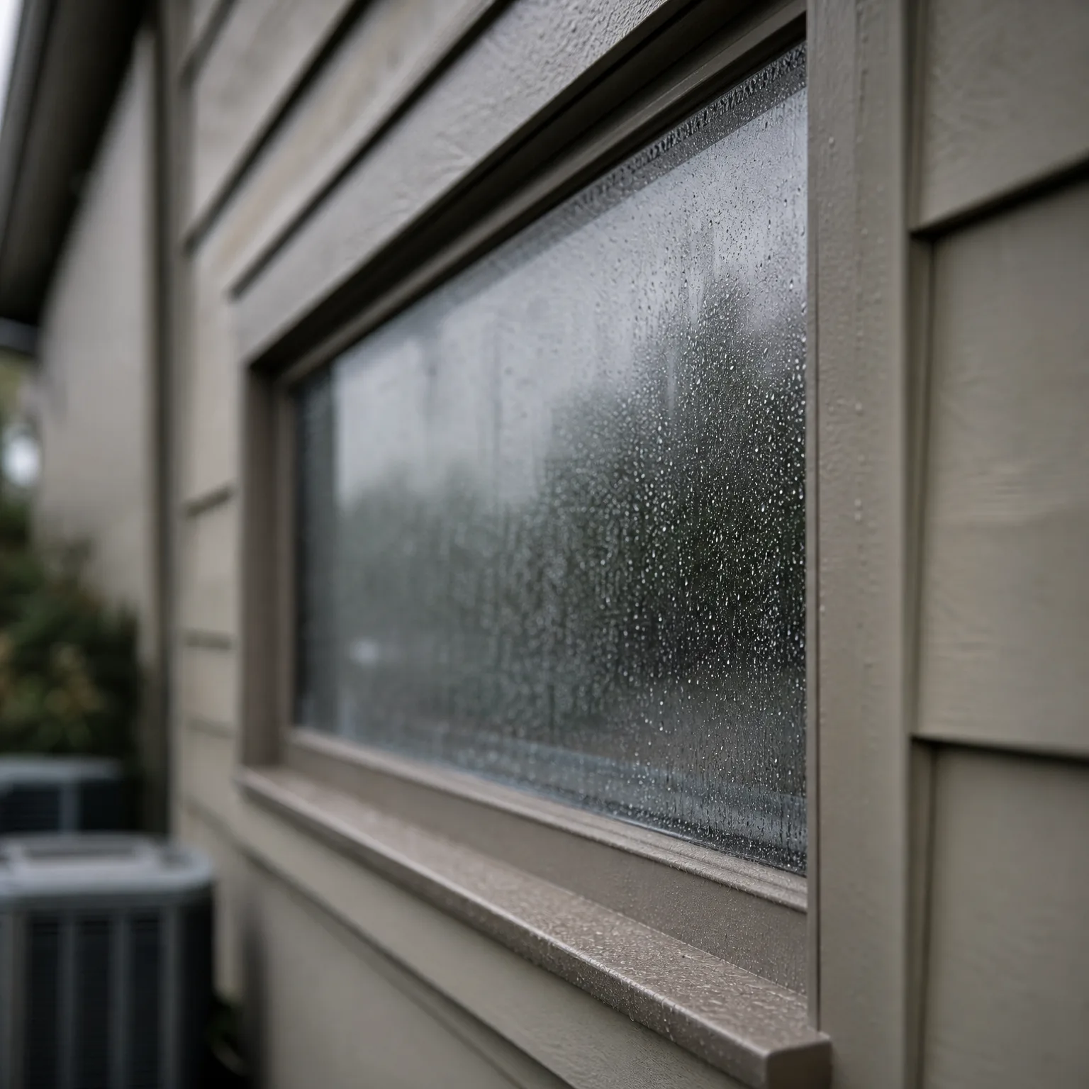 Close-up angled view of a horizontal window with water droplets and condensation on the glass, set in a painted frame on a house with lap siding, with a blurred outdoor condenser unit and shrubs at left.