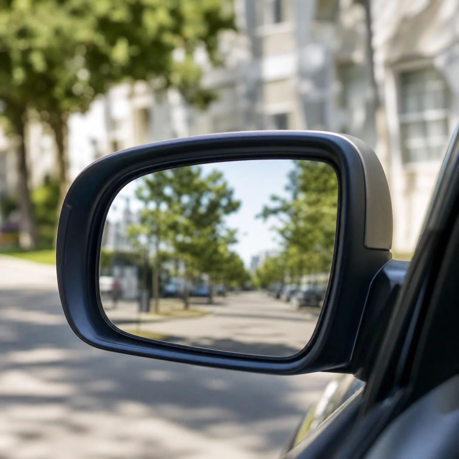 Close-up of a car's side mirror reflecting a tree-lined street with parked cars and light-colored buildings in the background.