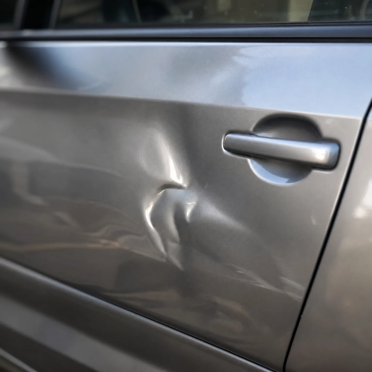 Close-up of a silver-gray car door with a creased dent in the lower panel beside the door handle.