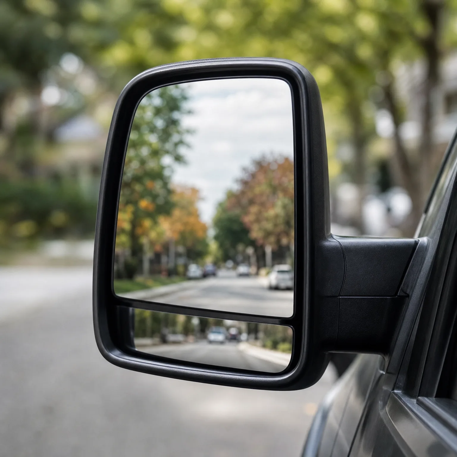 Close-up of a vehicle's black towing side mirror reflecting a tree-lined street with parked cars, with blurred green and orange foliage in the background.