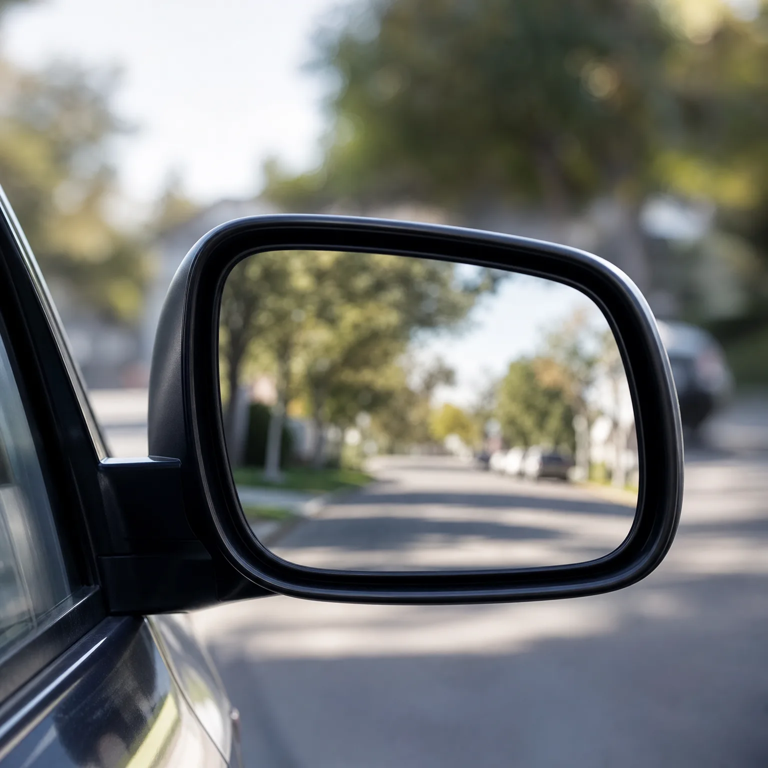 Close-up of a car's black side mirror reflecting a tree-lined street with parked cars, with the vehicle's window frame visible at left.