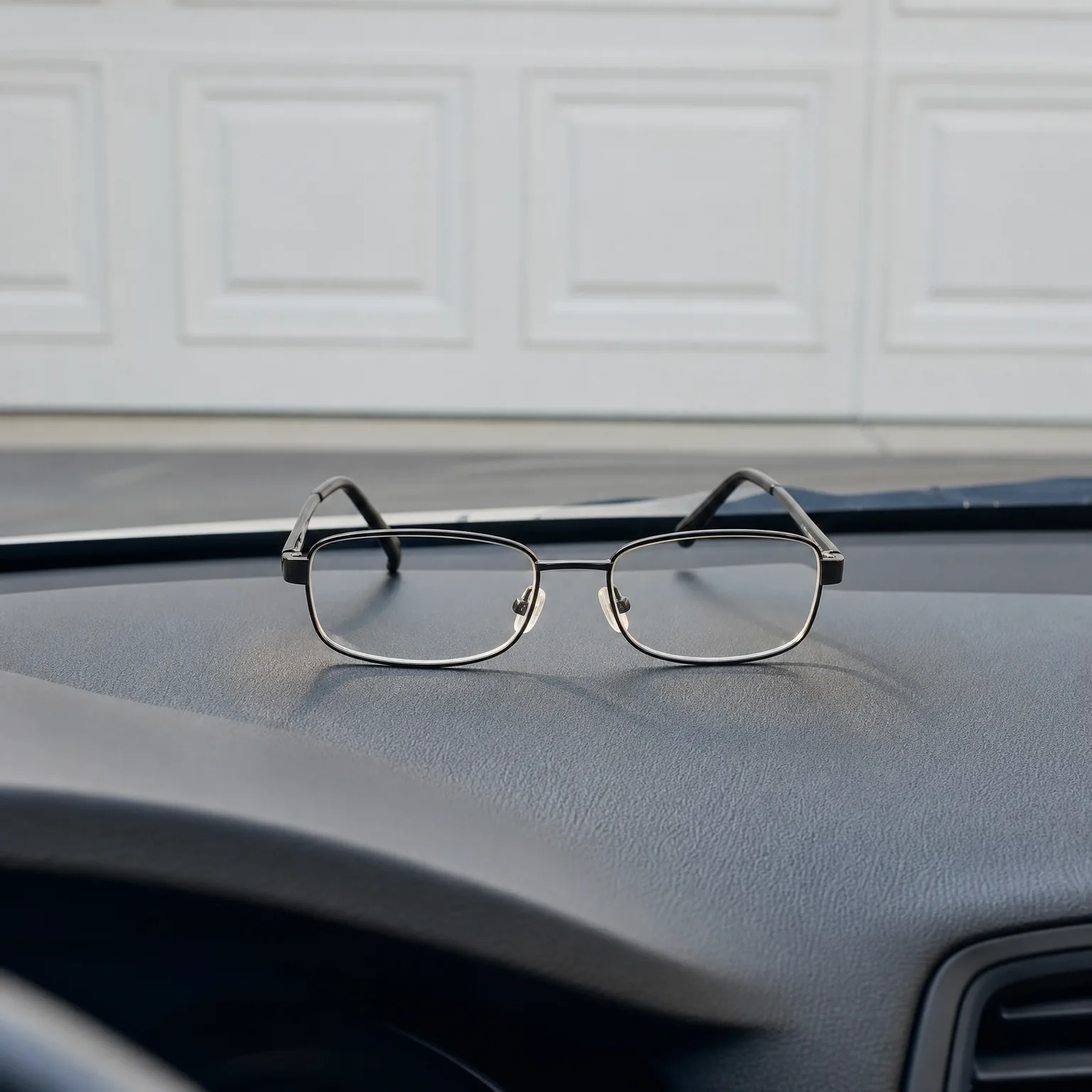 A pair of thin metal-framed eyeglasses resting open on a gray car dashboard, with a white paneled garage door blurred beyond the windshield.