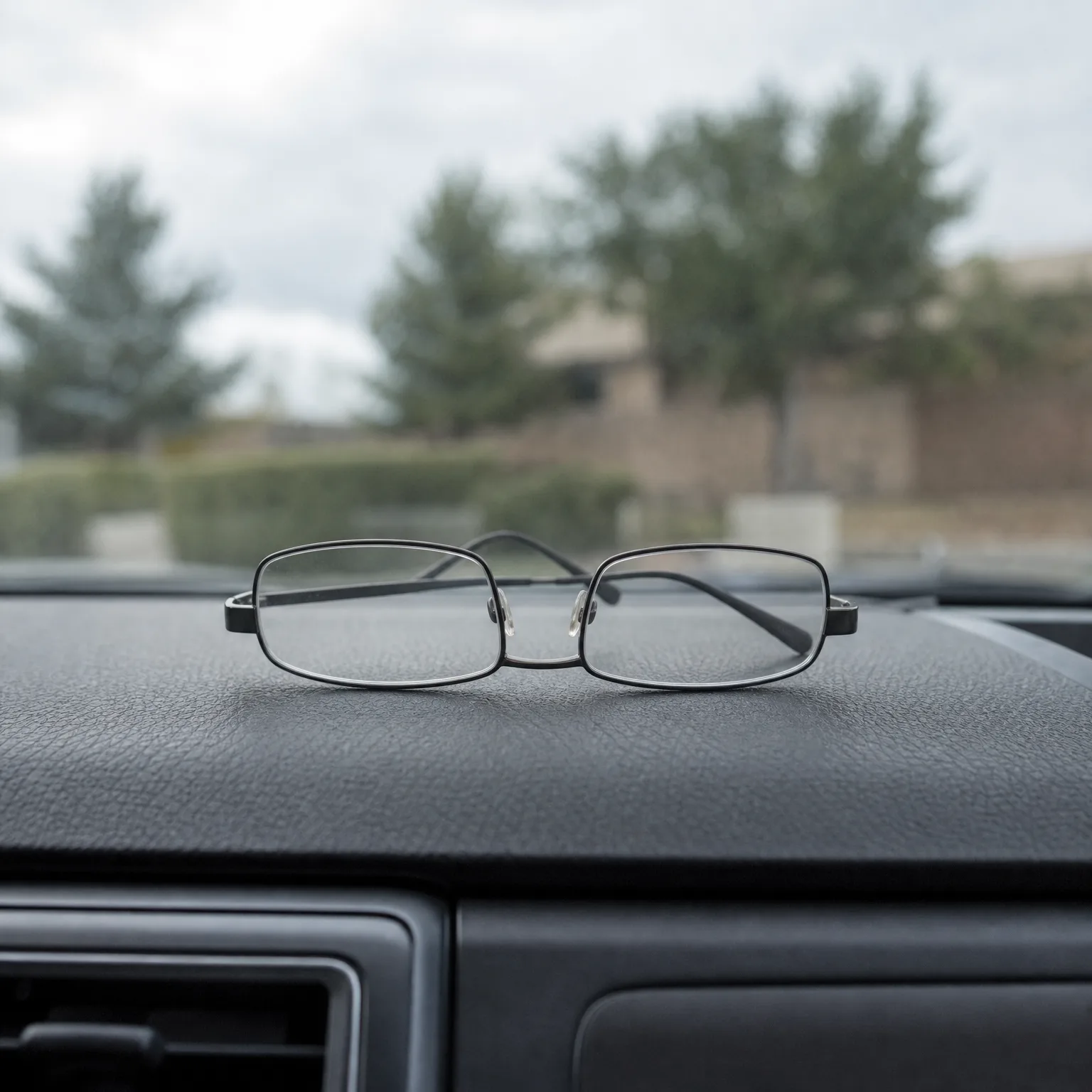 A pair of thin black-framed eyeglasses resting folded on a textured dark car dashboard, with blurred evergreen trees, a wall and overcast sky seen through the windshield.