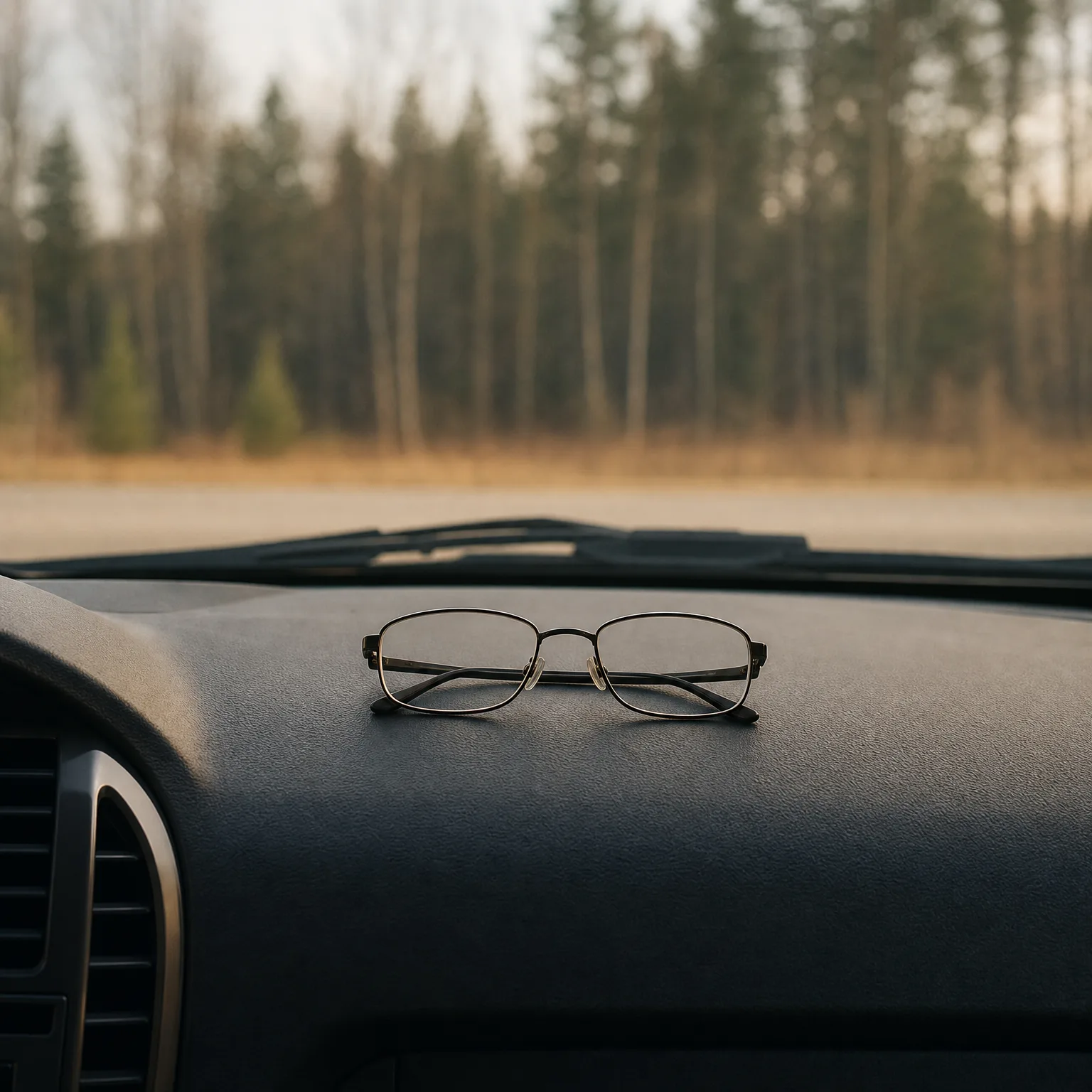 A pair of thin metal-framed eyeglasses rests folded on a car dashboard, with a blurred roadside and coniferous treeline visible through the windshield.