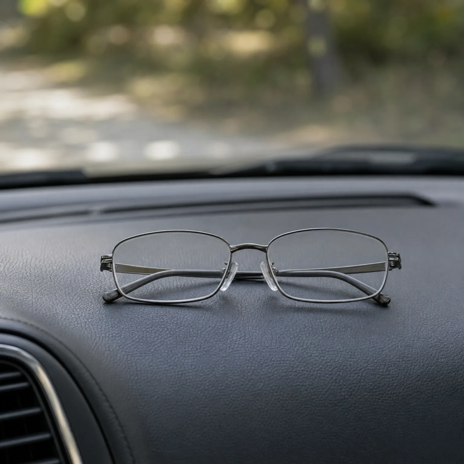 A pair of thin metal-framed eyeglasses resting folded on a dark car dashboard, with blurred trees and a path visible through the windshield.